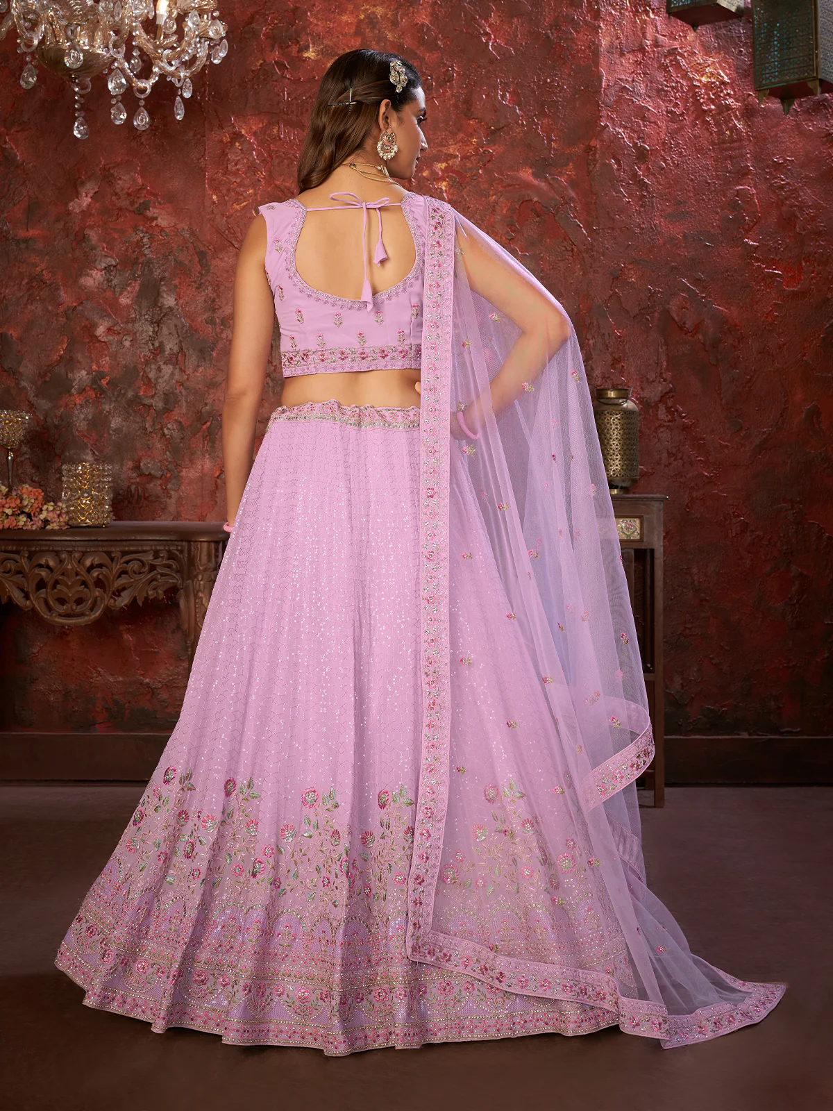 Odette Purple Georgette Embellished Semi Stitched Lehenga With Unstitched Blouse for Women - Image 3