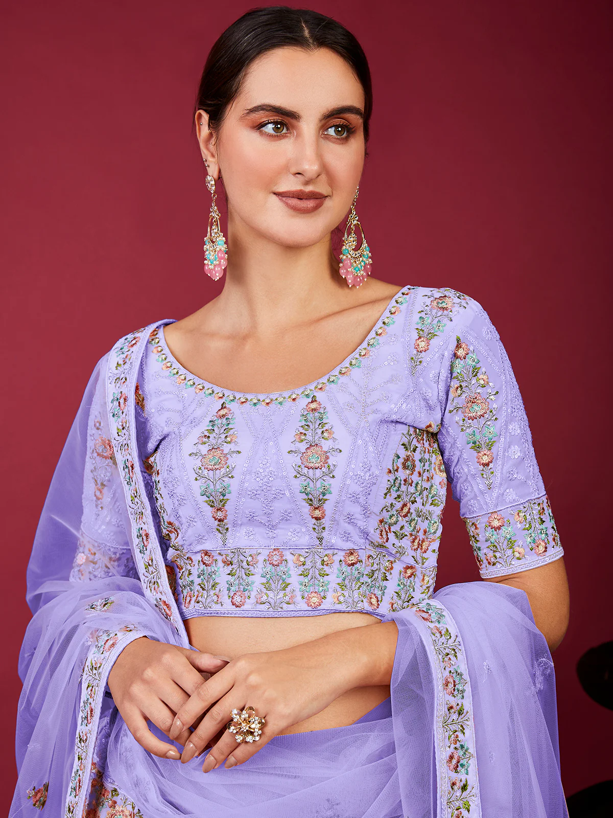 Odette Purple Georgette Embellished Semi Stitched Lehenga With Unstitched Blouse for Women - Image 3