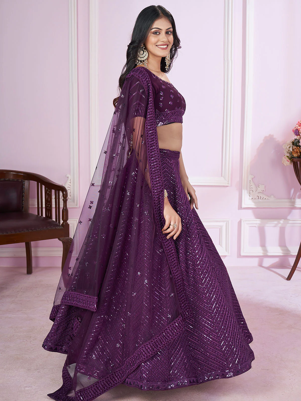 Odette Purple Georgette Embellished Semi Stitched Lehenga With Unstitched Blouse For Women - Image 2