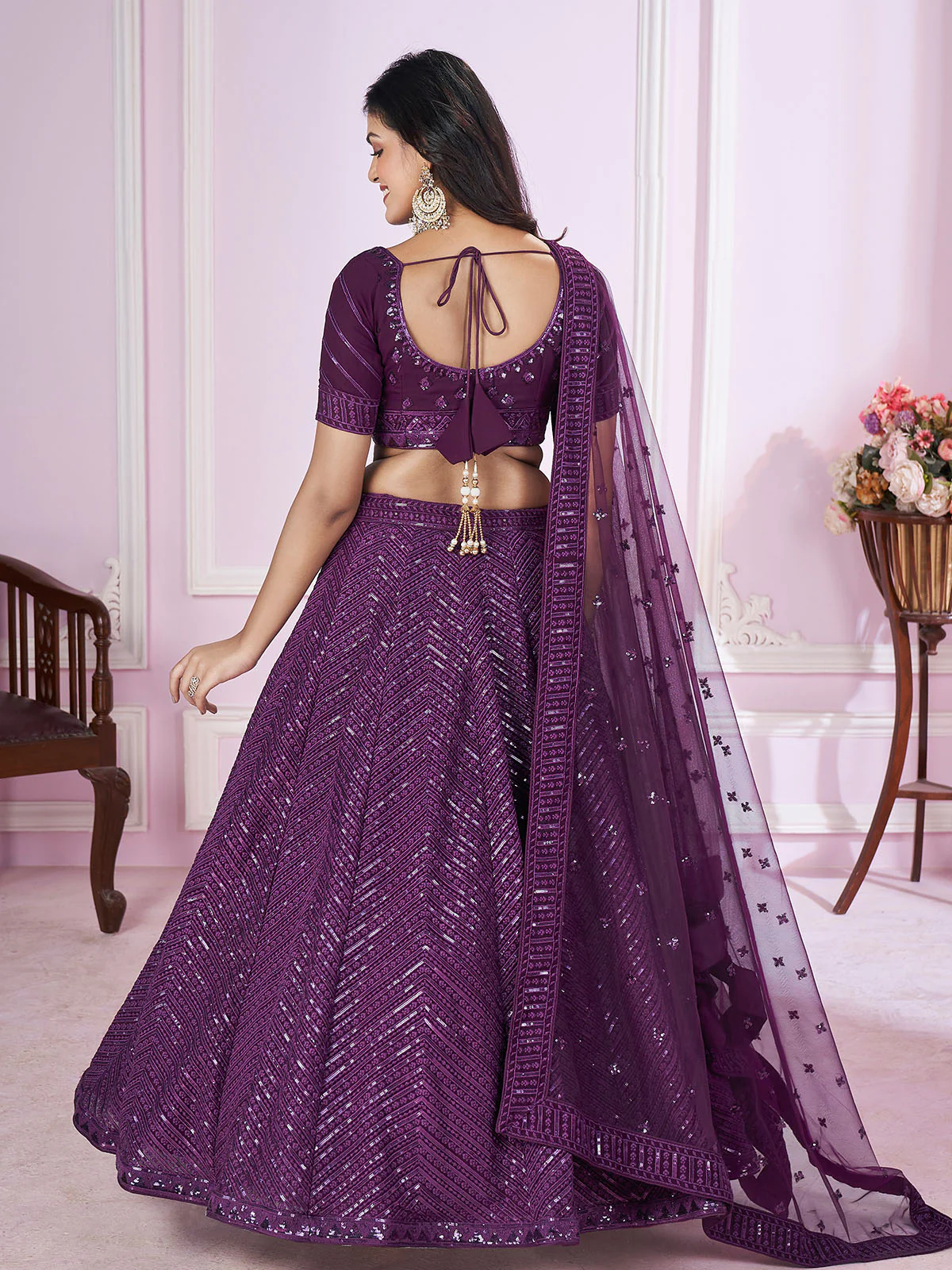 Odette Purple Georgette Embellished Semi Stitched Lehenga With Unstitched Blouse For Women - Image 3