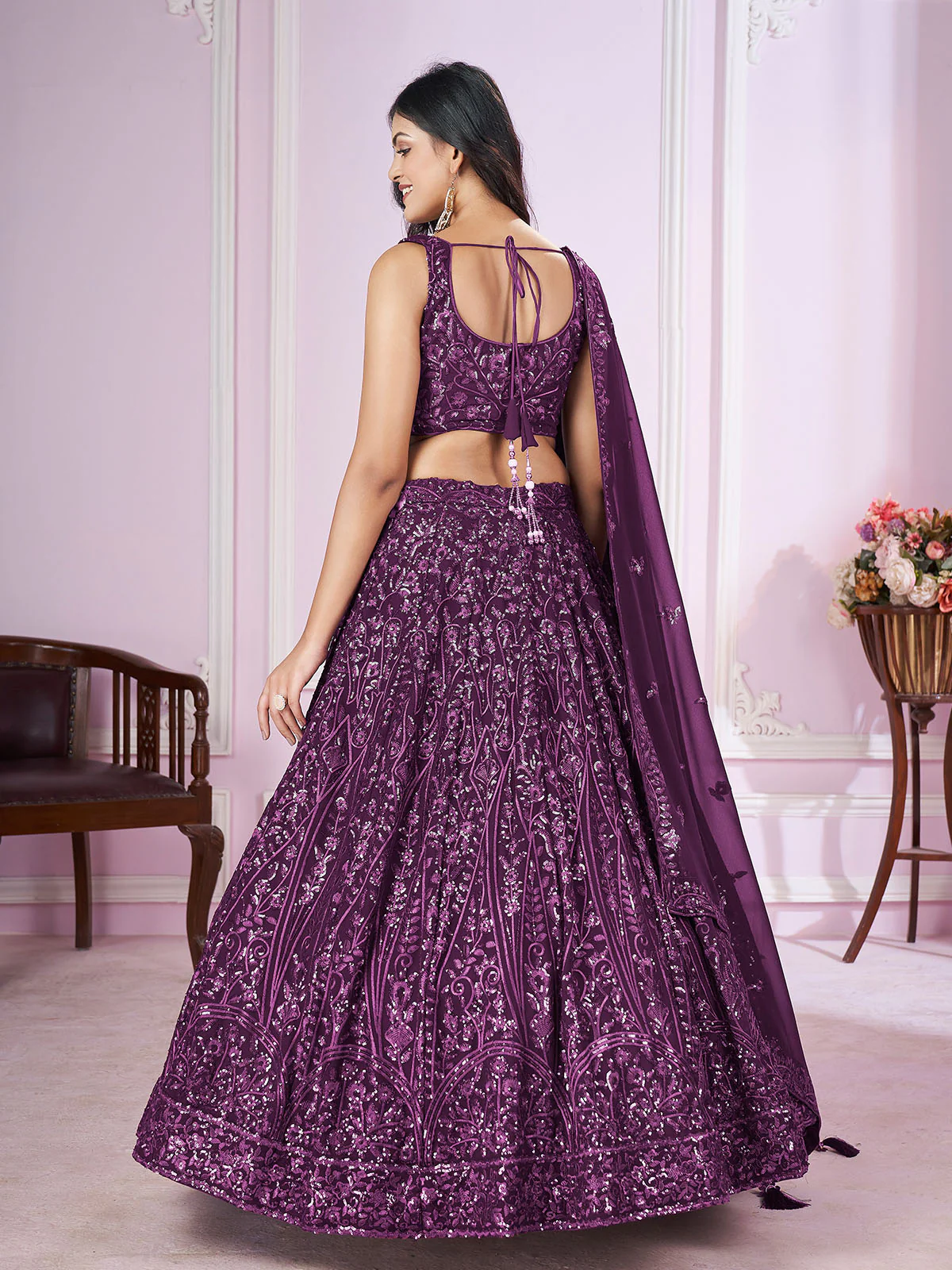 Odette Purple Georgette Embellished Semi Stitched Lehenga With Unstitched Blouse For Women - Image 3