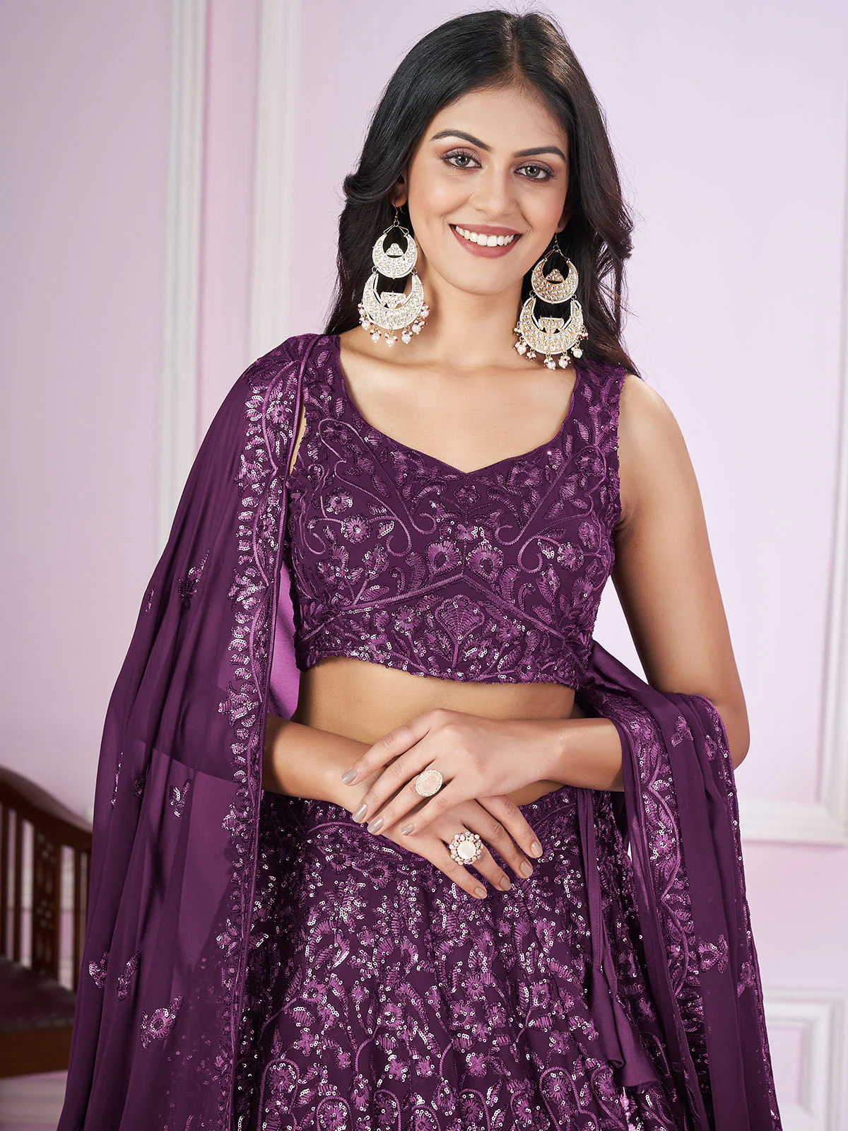 Odette Purple Georgette Embellished Semi Stitched Lehenga With Unstitched Blouse For Women - Image 4