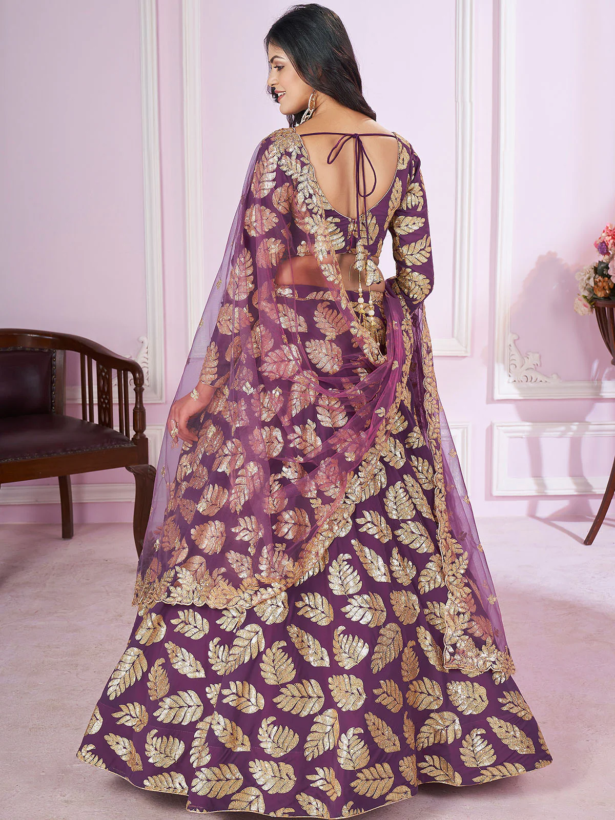 Odette Purple Georgette Embellished Semi Stitched Lehenga With Unstitched Blouse For Women - Image 3