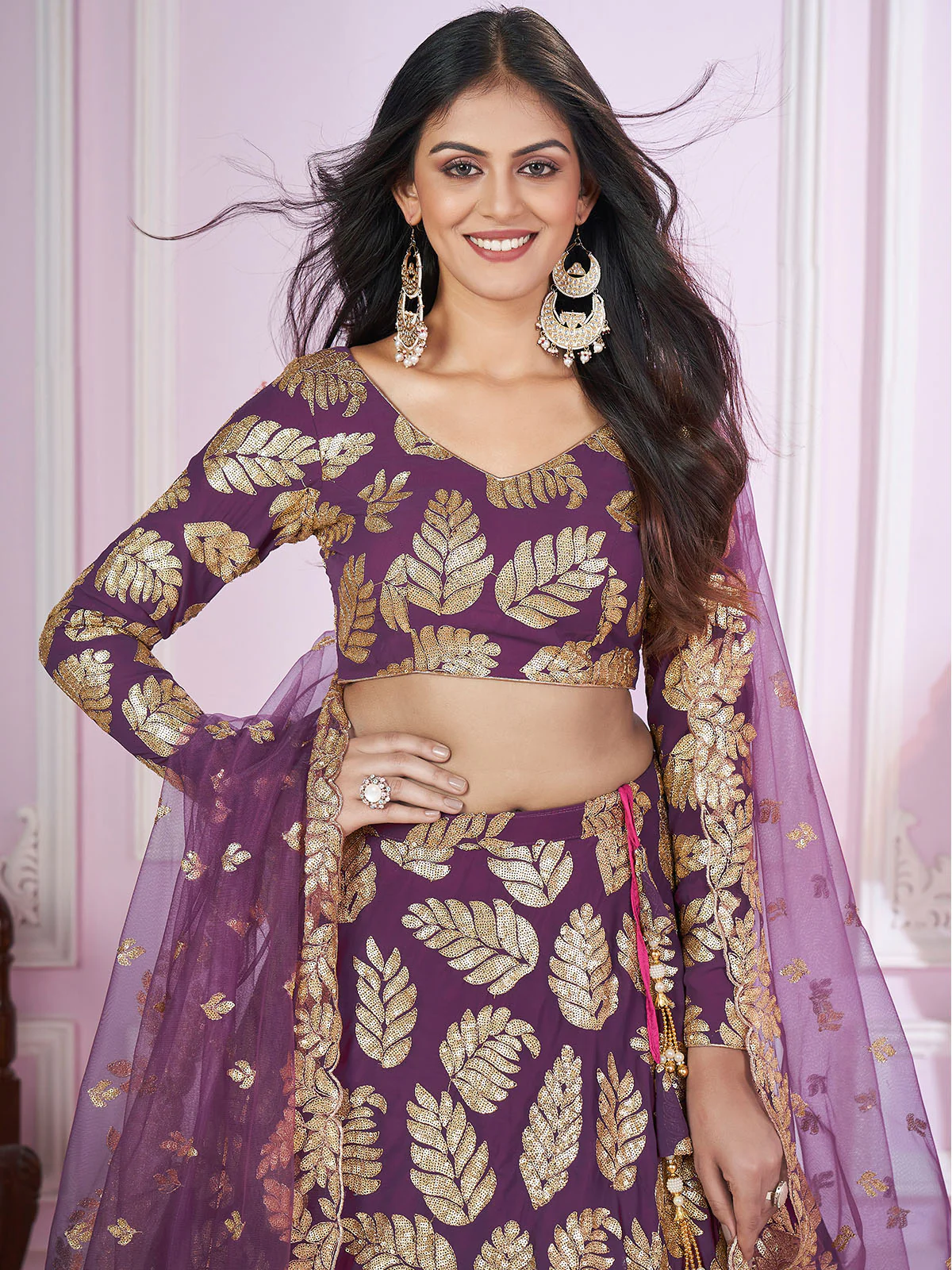 Odette Purple Georgette Embellished Semi Stitched Lehenga With Unstitched Blouse For Women - Image 4