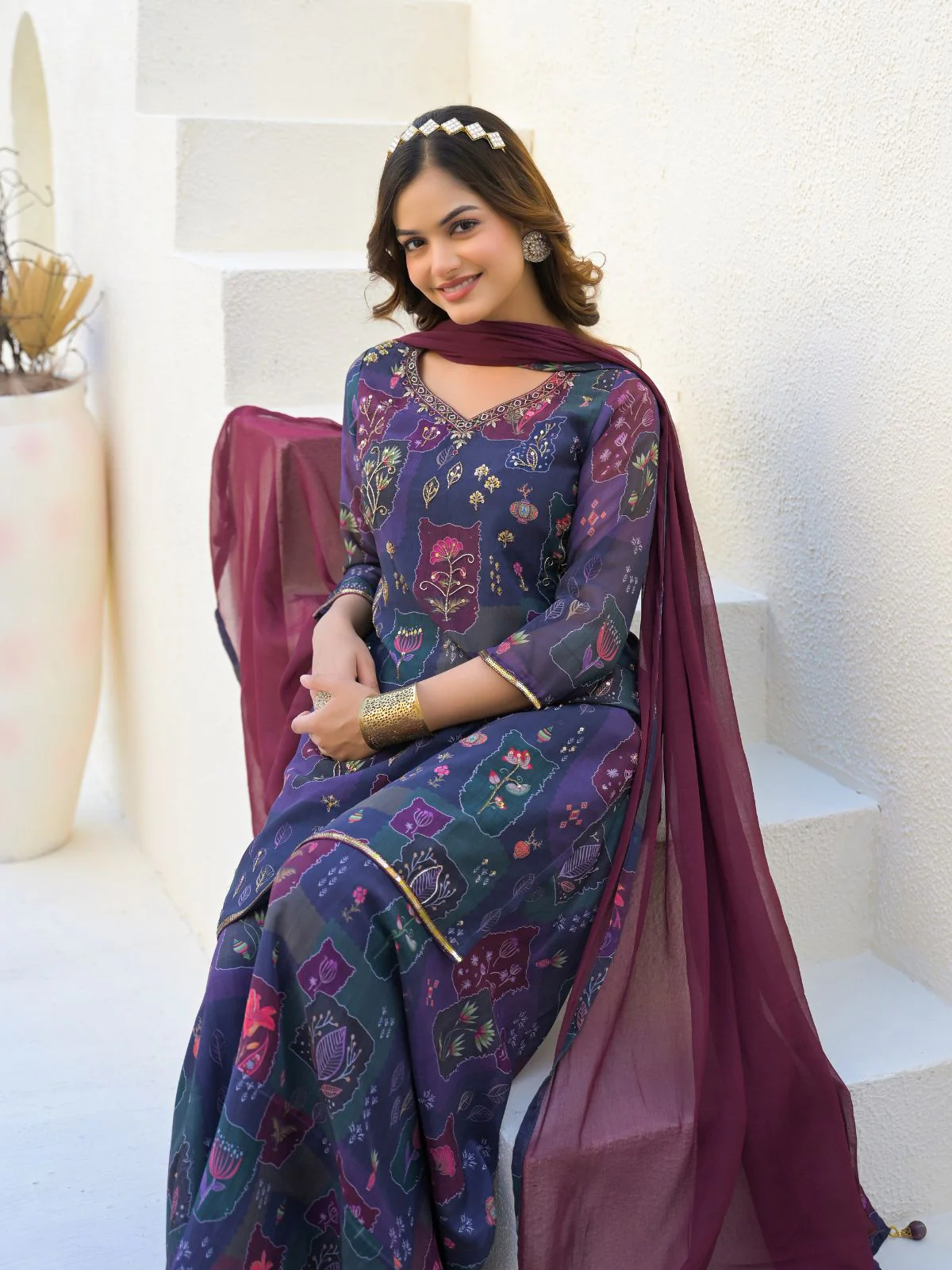 Odette Purple Georgette Embellished Stiched Kurta Set For Women - Image 7