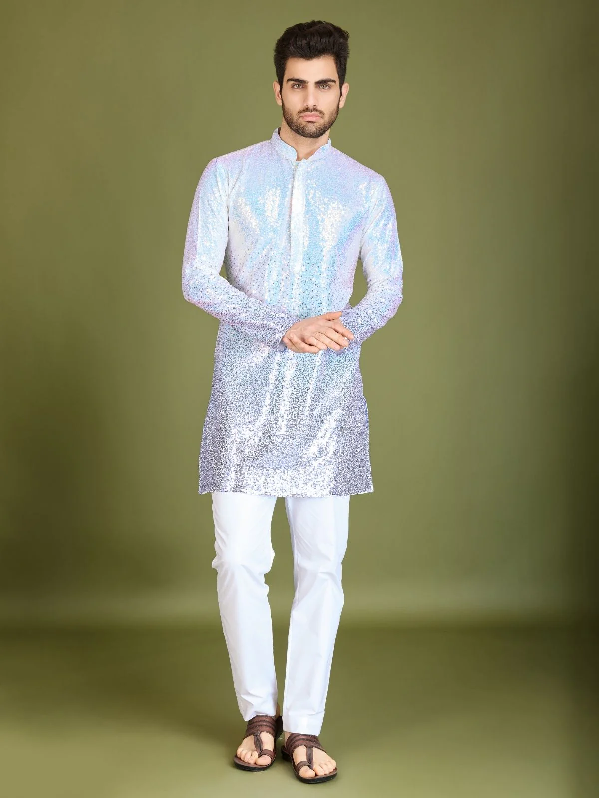 Odette Purple Georgette Embellished Stitched Kurta For Men - Image 2