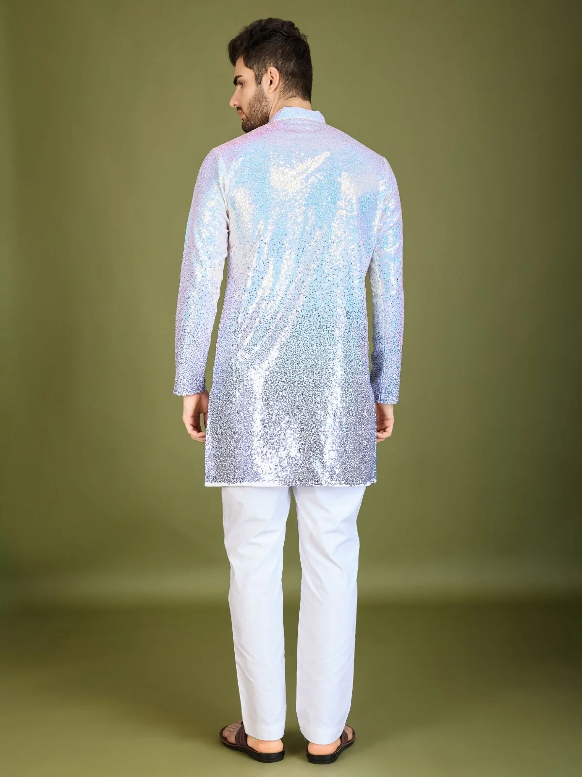 Odette Purple Georgette Embellished Stitched Kurta For Men - Image 3