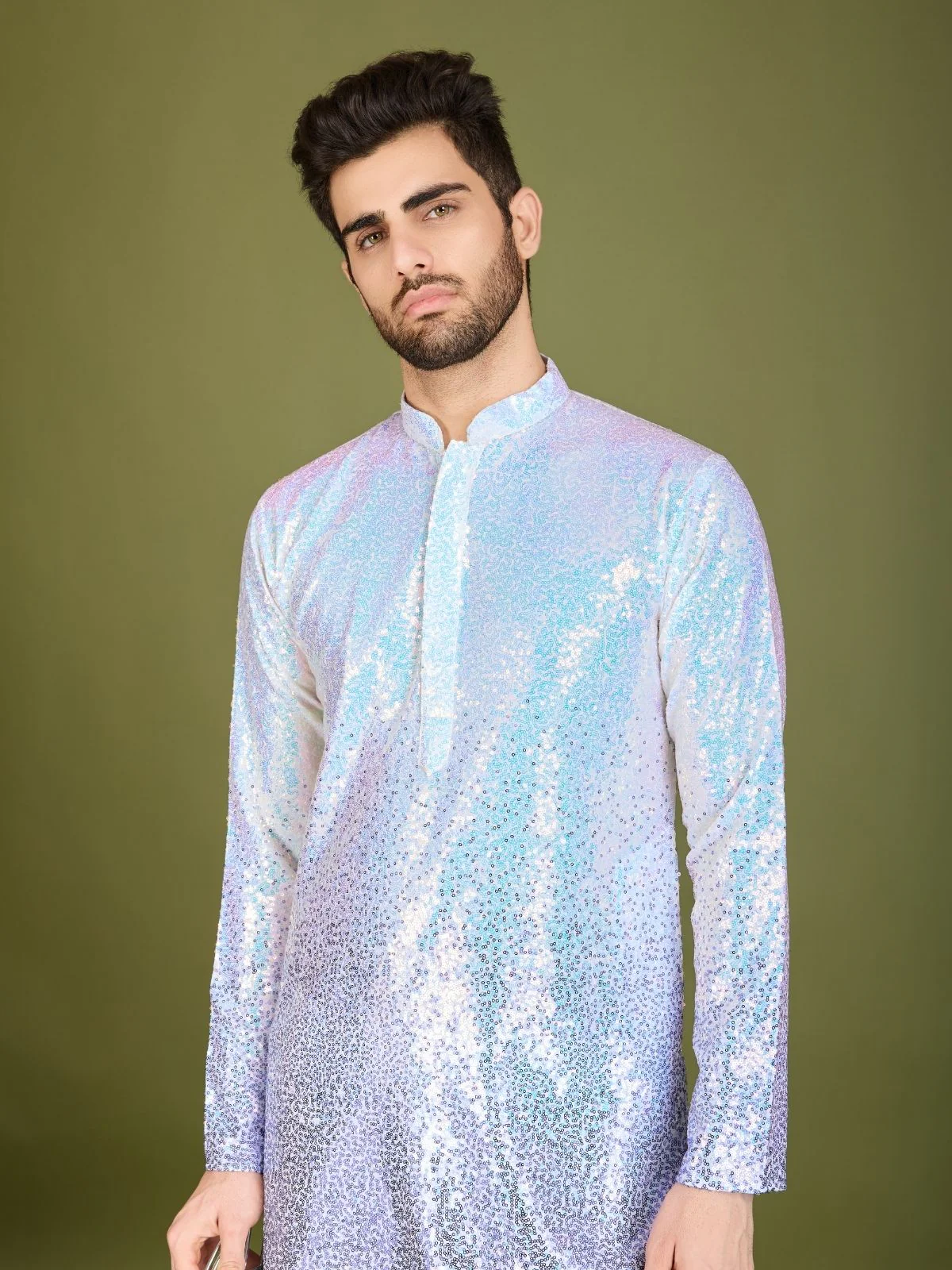 Odette Purple Georgette Embellished Stitched Kurta For Men - Image 4