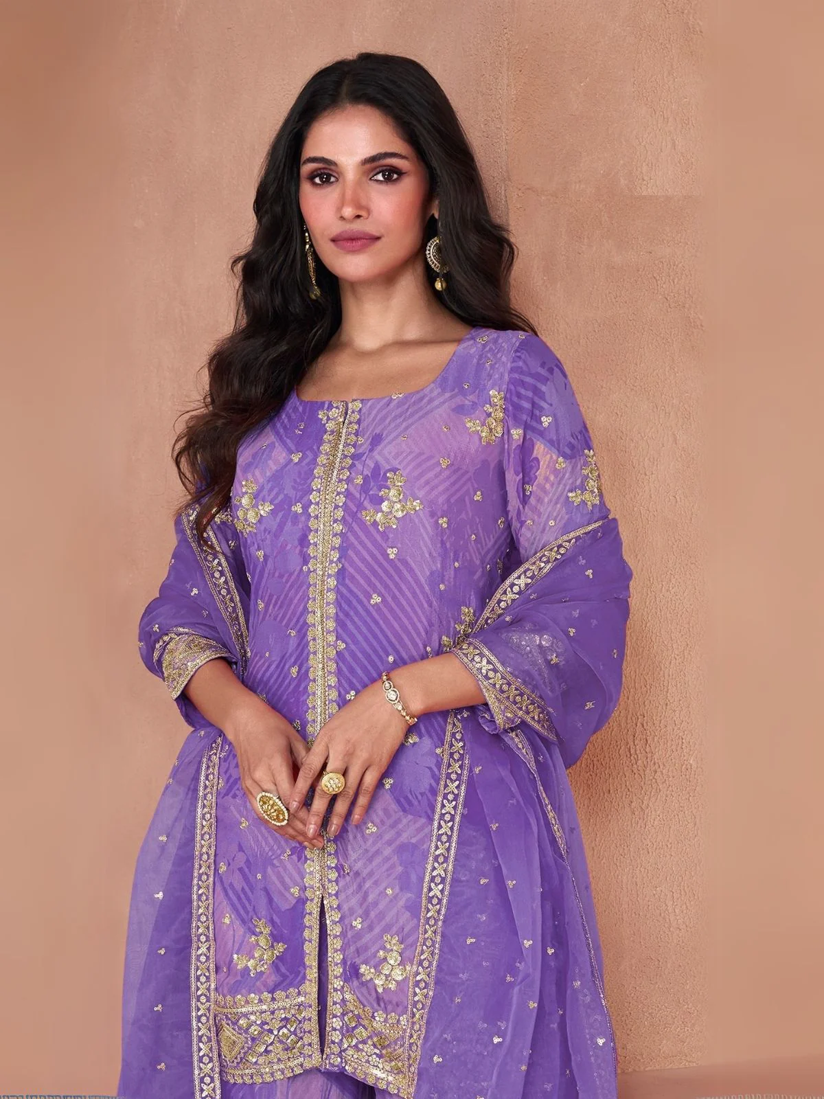 Odette Purple Georgette Embellished Stitched Kurta Set For Women - Image 2