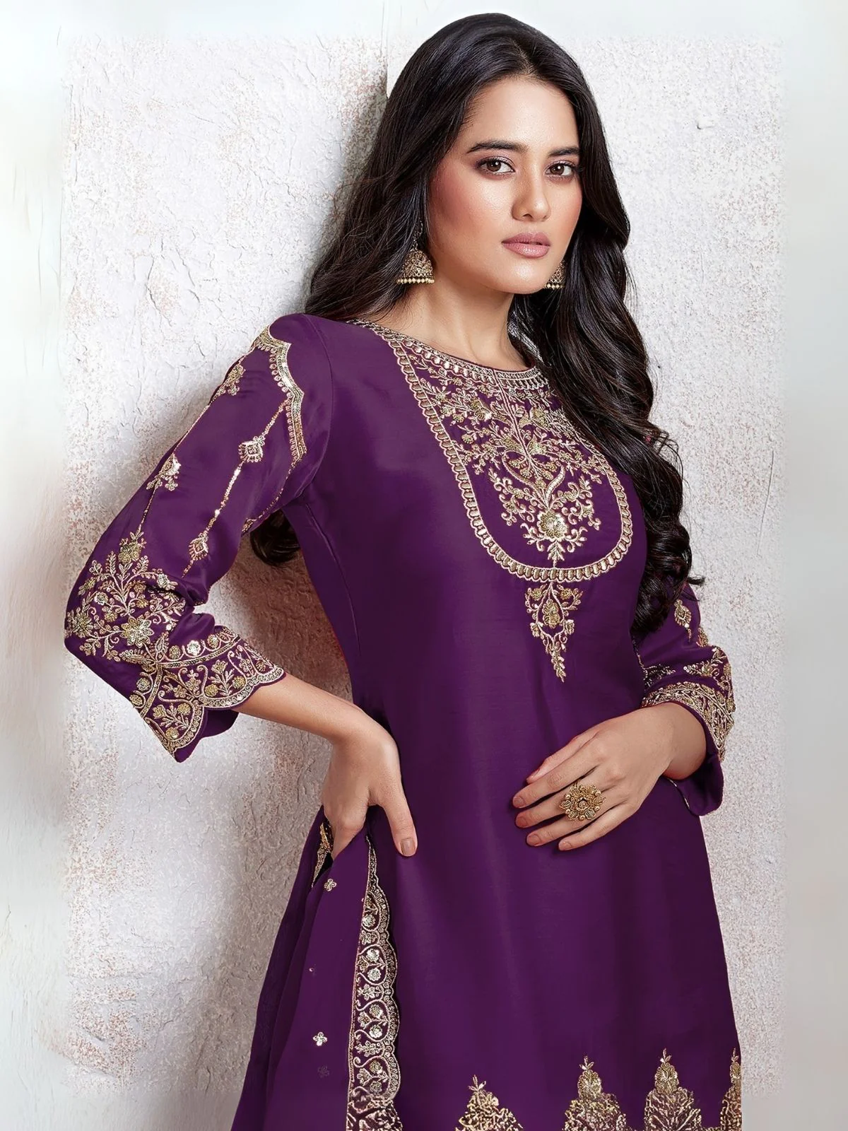 Odette Purple Georgette Embroidered & Cutwork Semi-Sitched Kurta Set For Women - Image 2