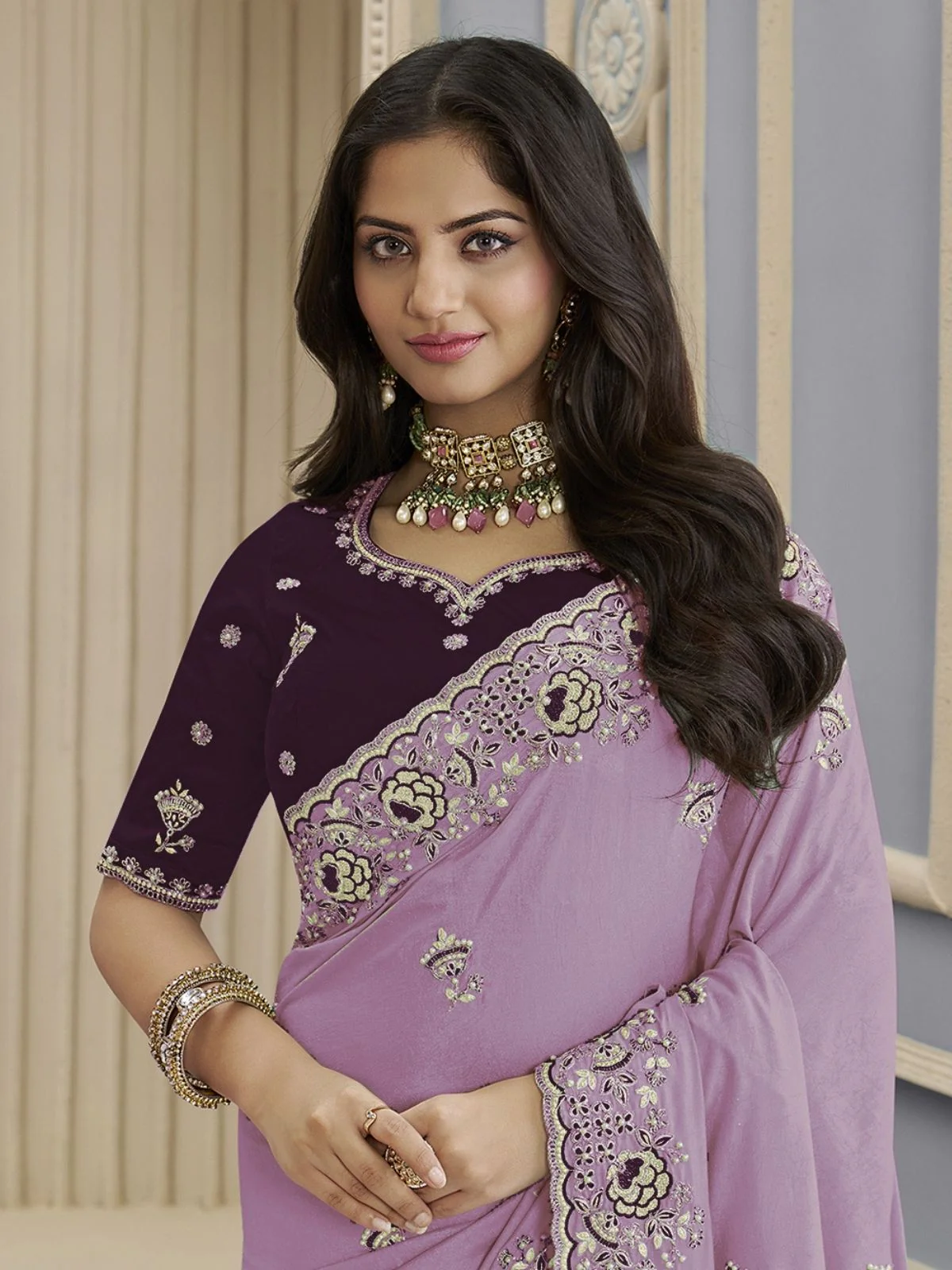 Odette Purple Georgette Embroidered Elegant Saree For Women - Image 2