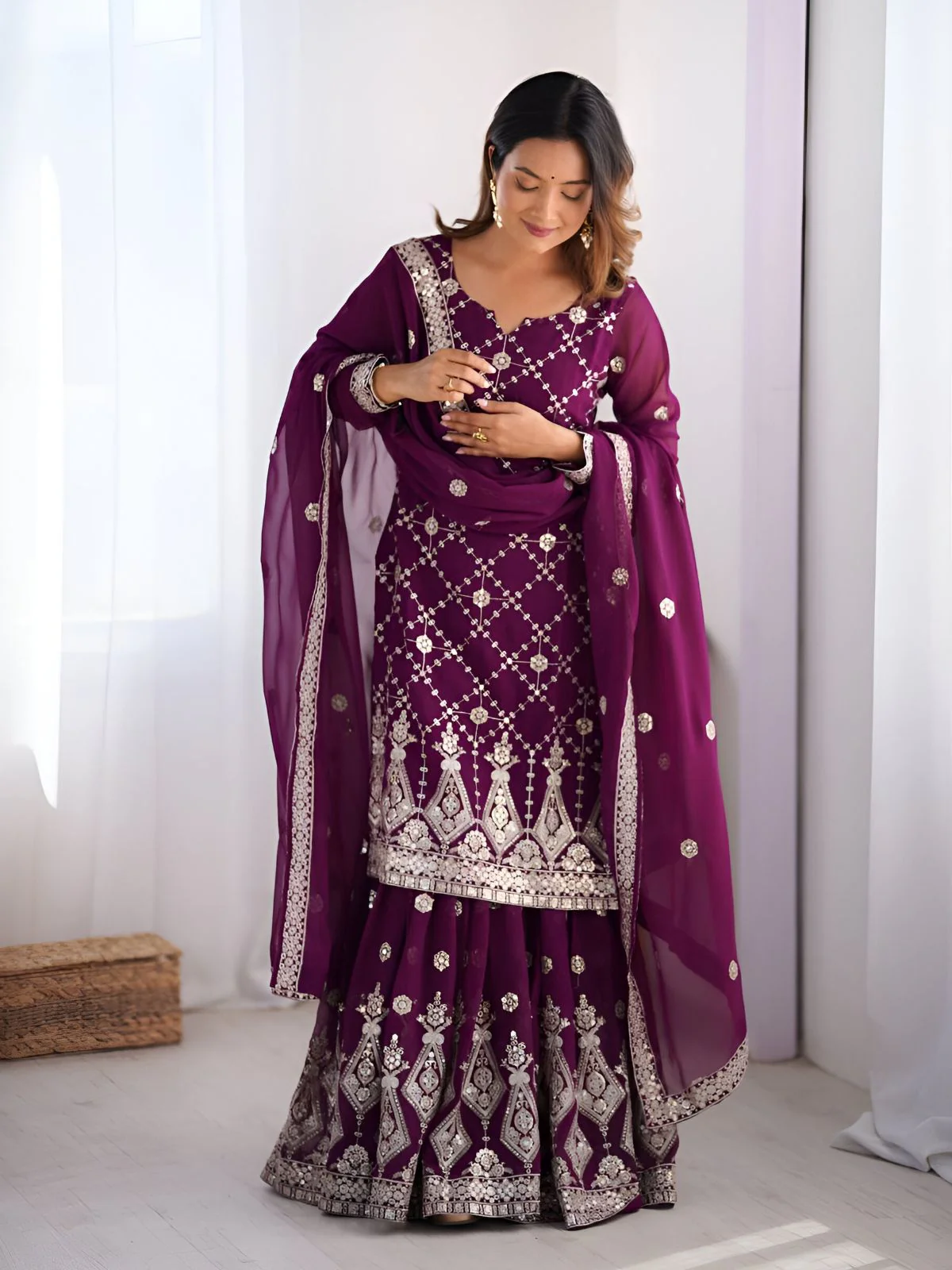 Odette Purple Georgette Embroidered Kurta Set For Women - Image 3