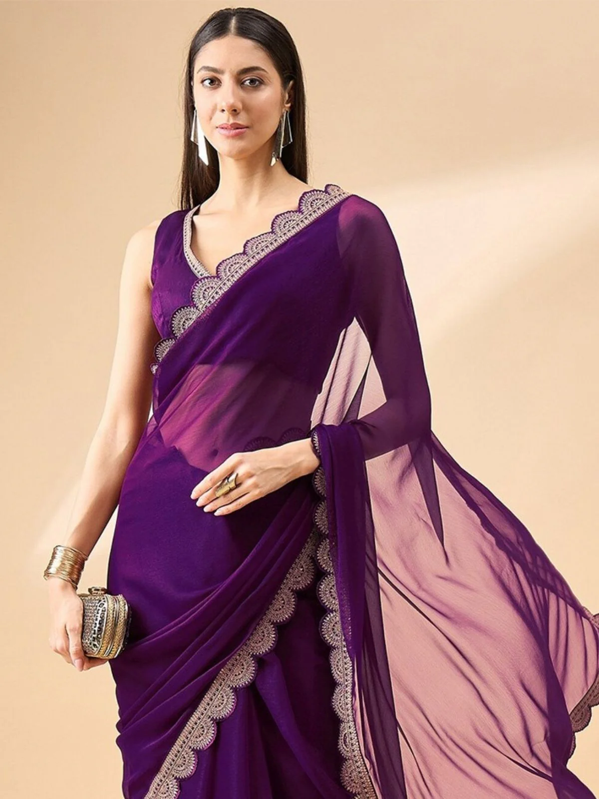 Odette Purple Georgette Embroidered Saree For Women - Image 4