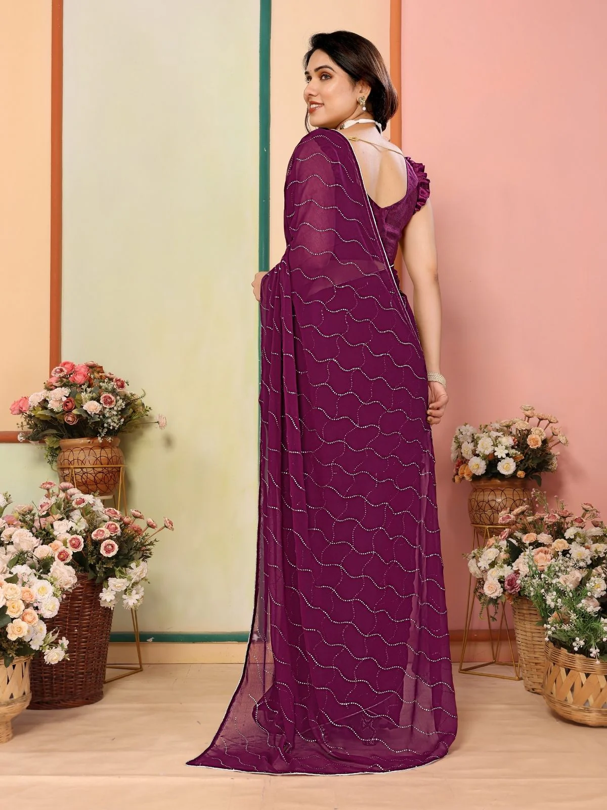 Odette Purple Georgette Embellished Saree For Women - Image 3