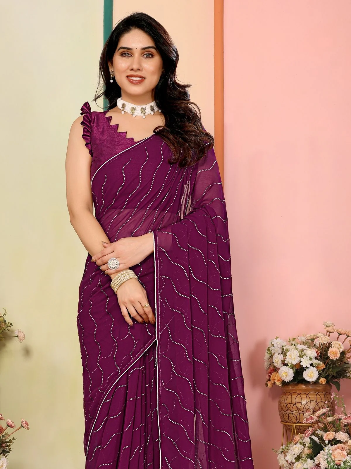 Odette Purple Georgette Embellished Saree For Women - Image 4