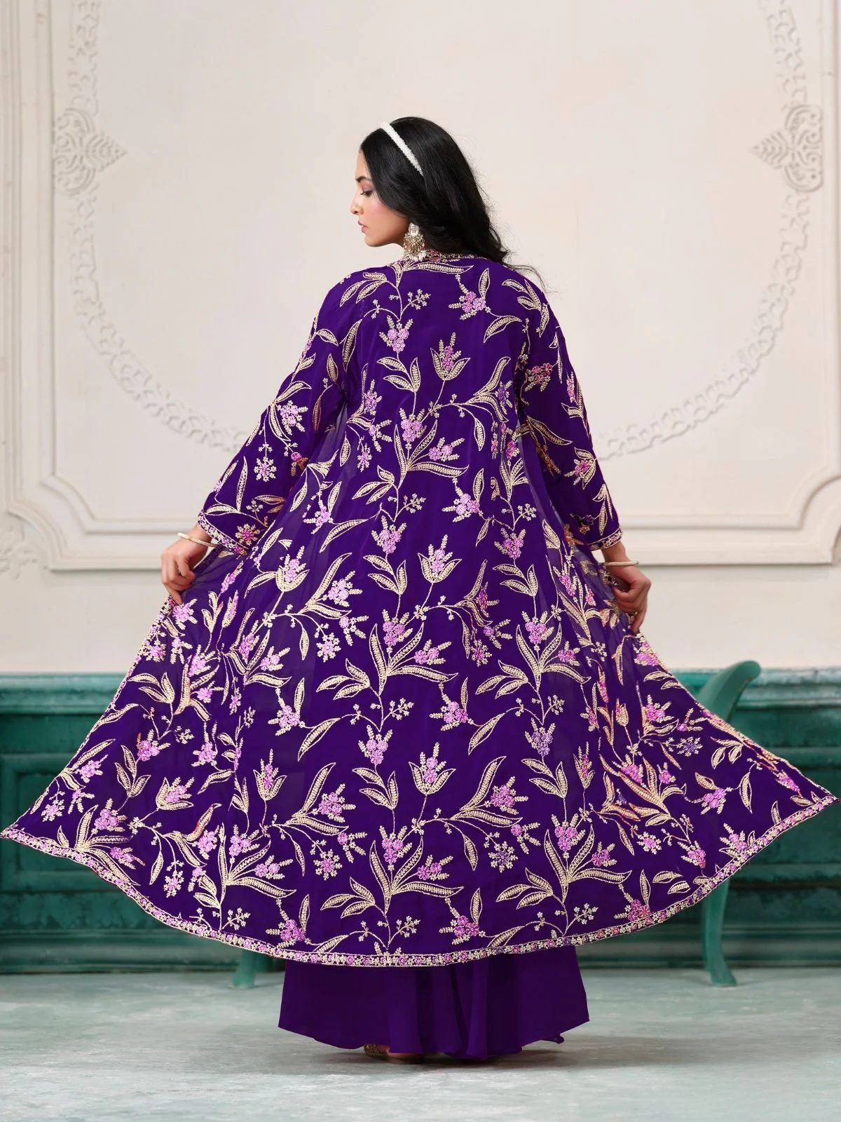 Odette Purple Georgette Embroidered Semi-Stiched Co-Ord Set For Women - Image 3