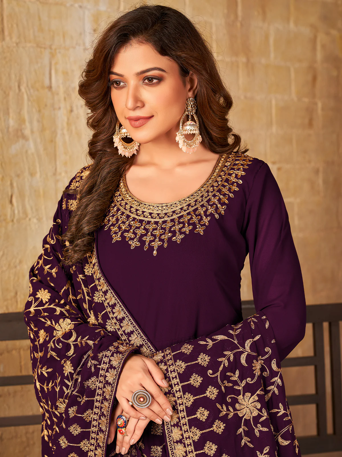 Odette Purple Georgette Embroidered Semi stitched Kurta Set For Women - Image 3