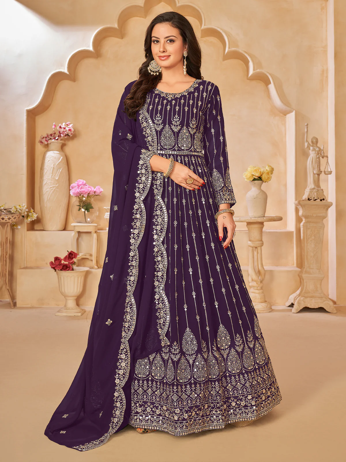 Odette Purple Georgette Embroidered Semi stitched Kurta Set For Women - Image 3