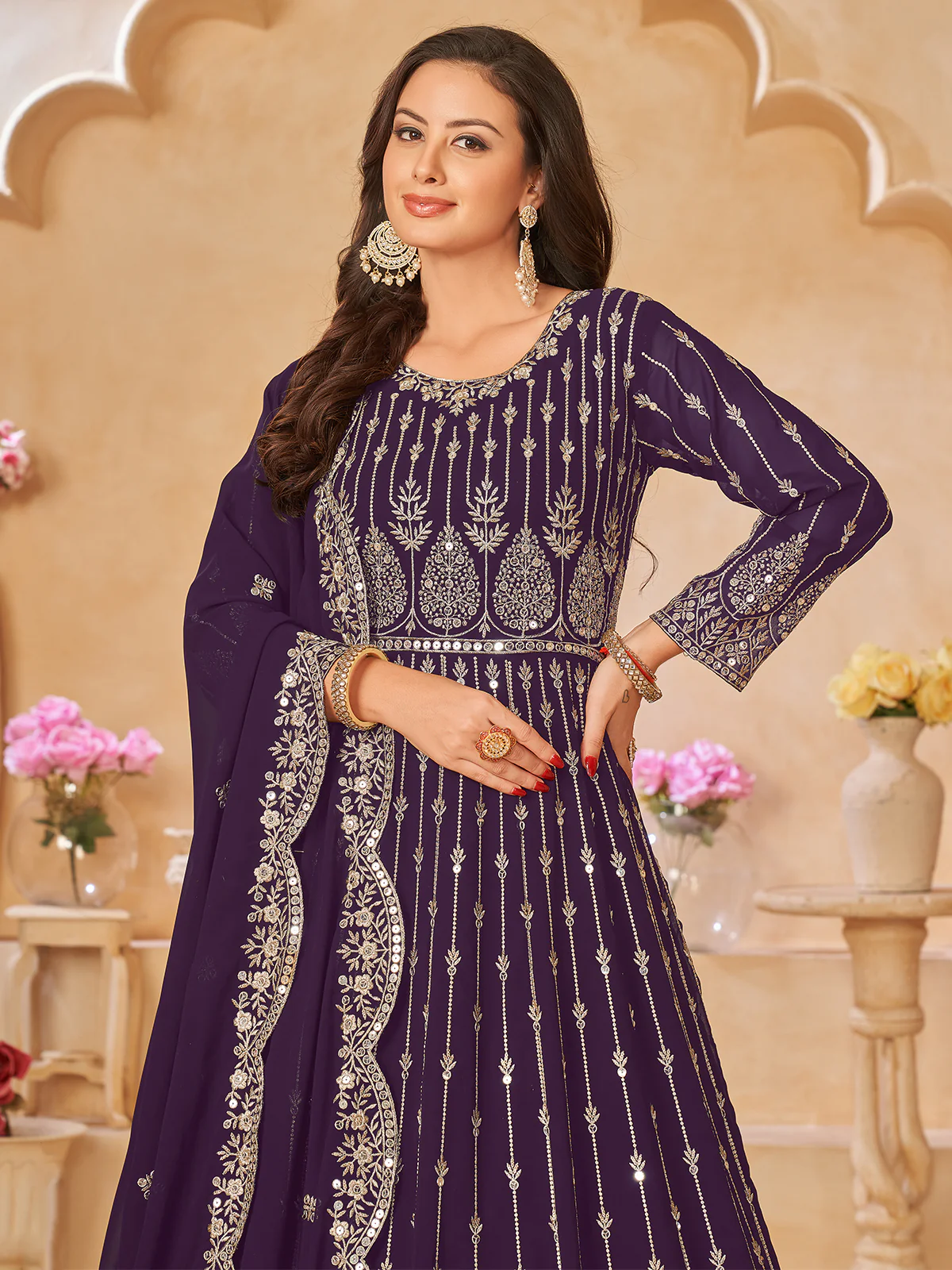 Odette Purple Georgette Embroidered Semi stitched Kurta Set For Women - Image 4