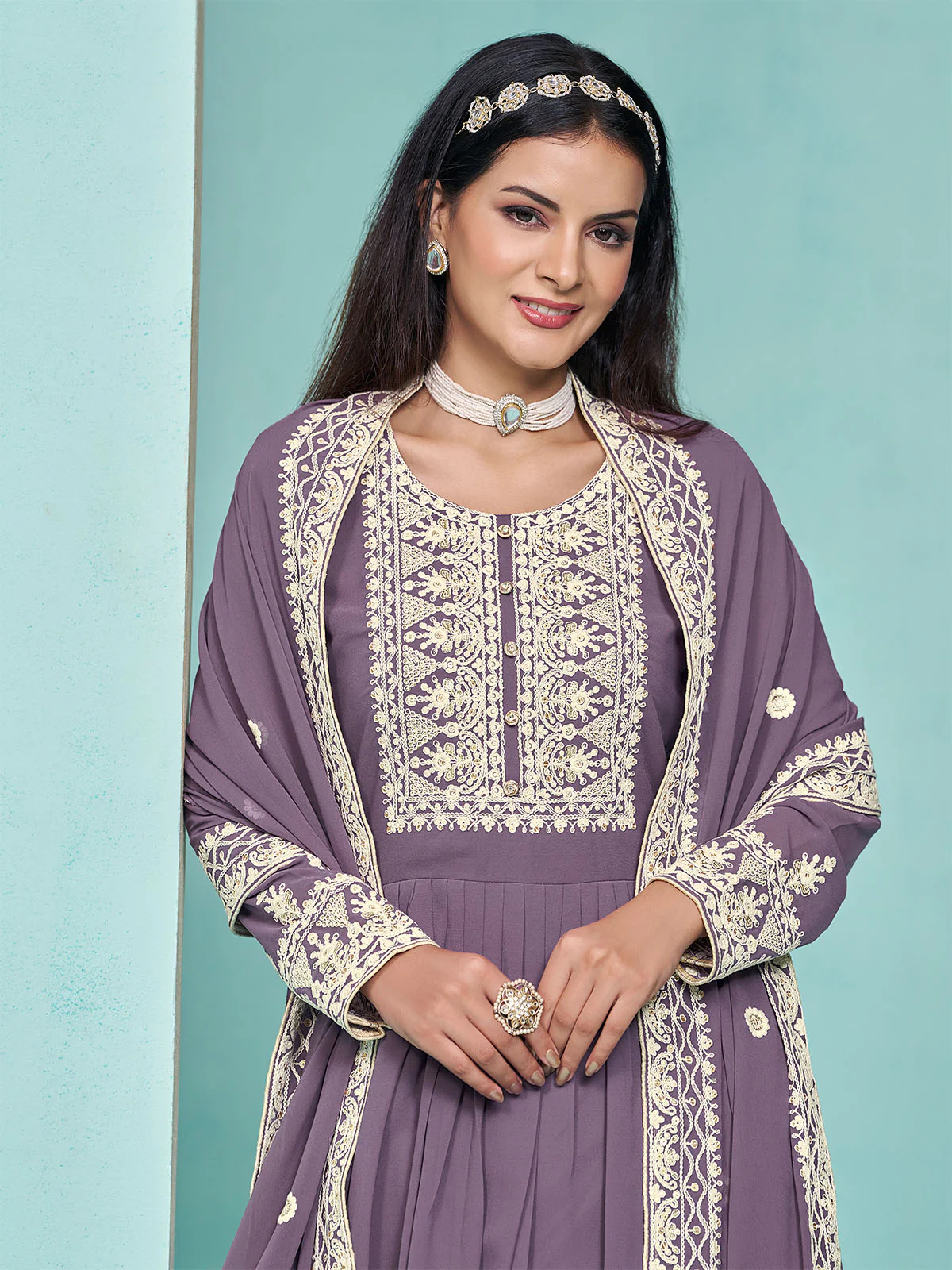 Odette Purple Georgette Embroidered Semi Stitched Kurta Set For Women - Image 3