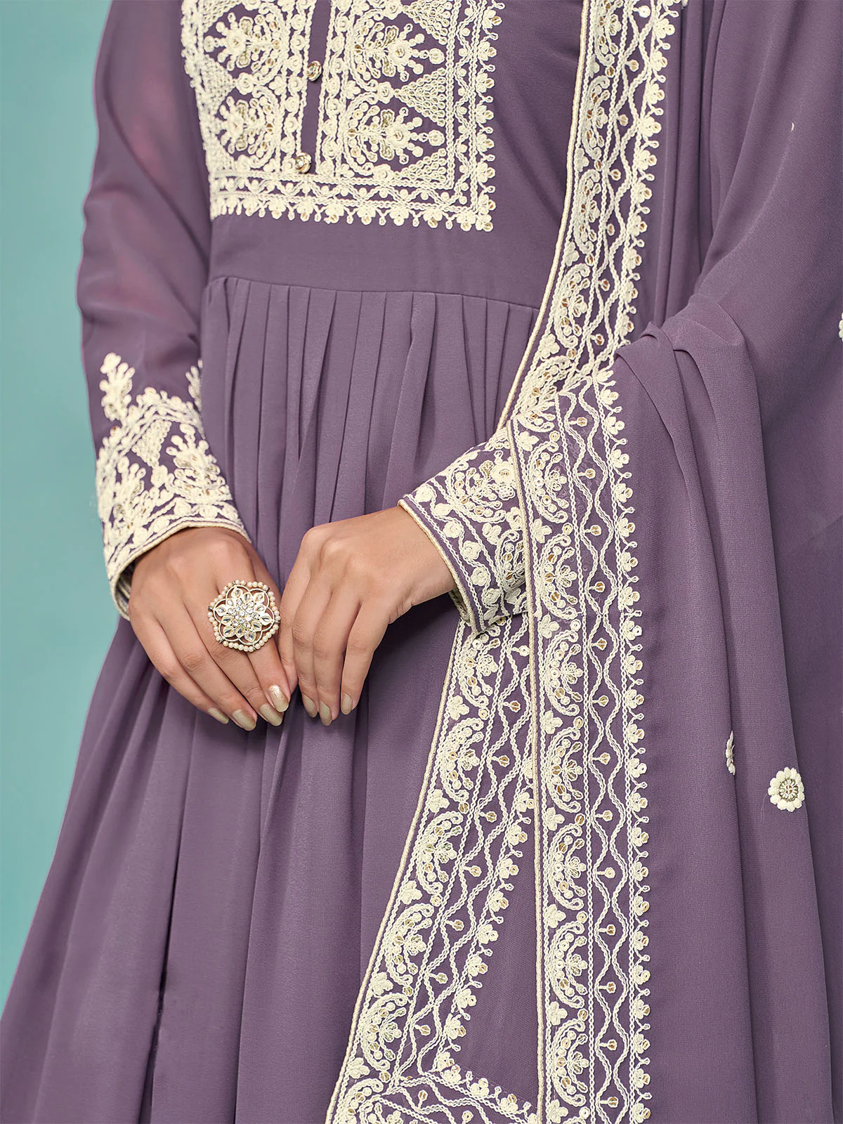 Odette Purple Georgette Embroidered Semi Stitched Kurta Set For Women - Image 4