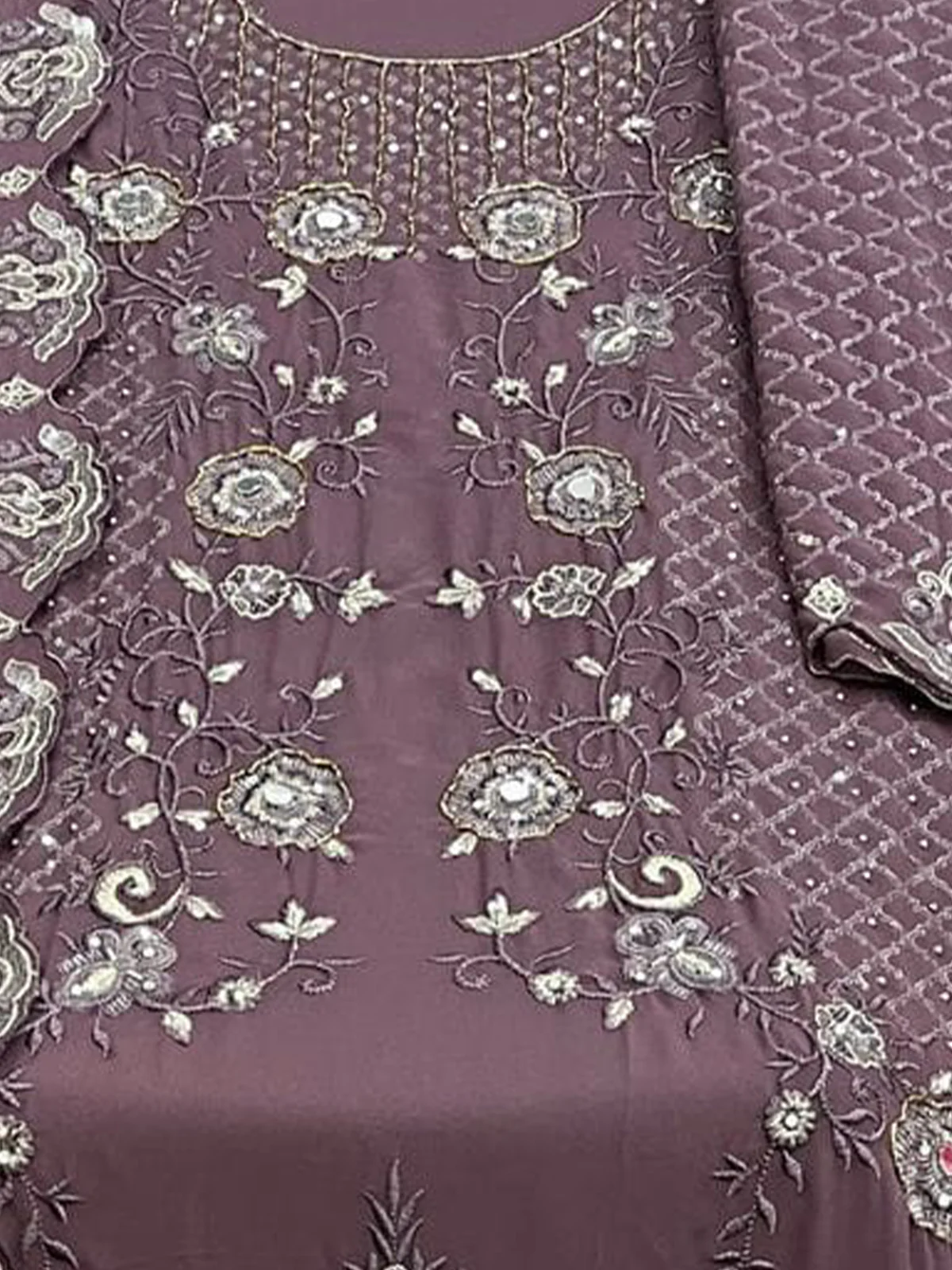 Odette Mauve Georgette Embroidered Semi stitched Kurta Set For Women - Image 3