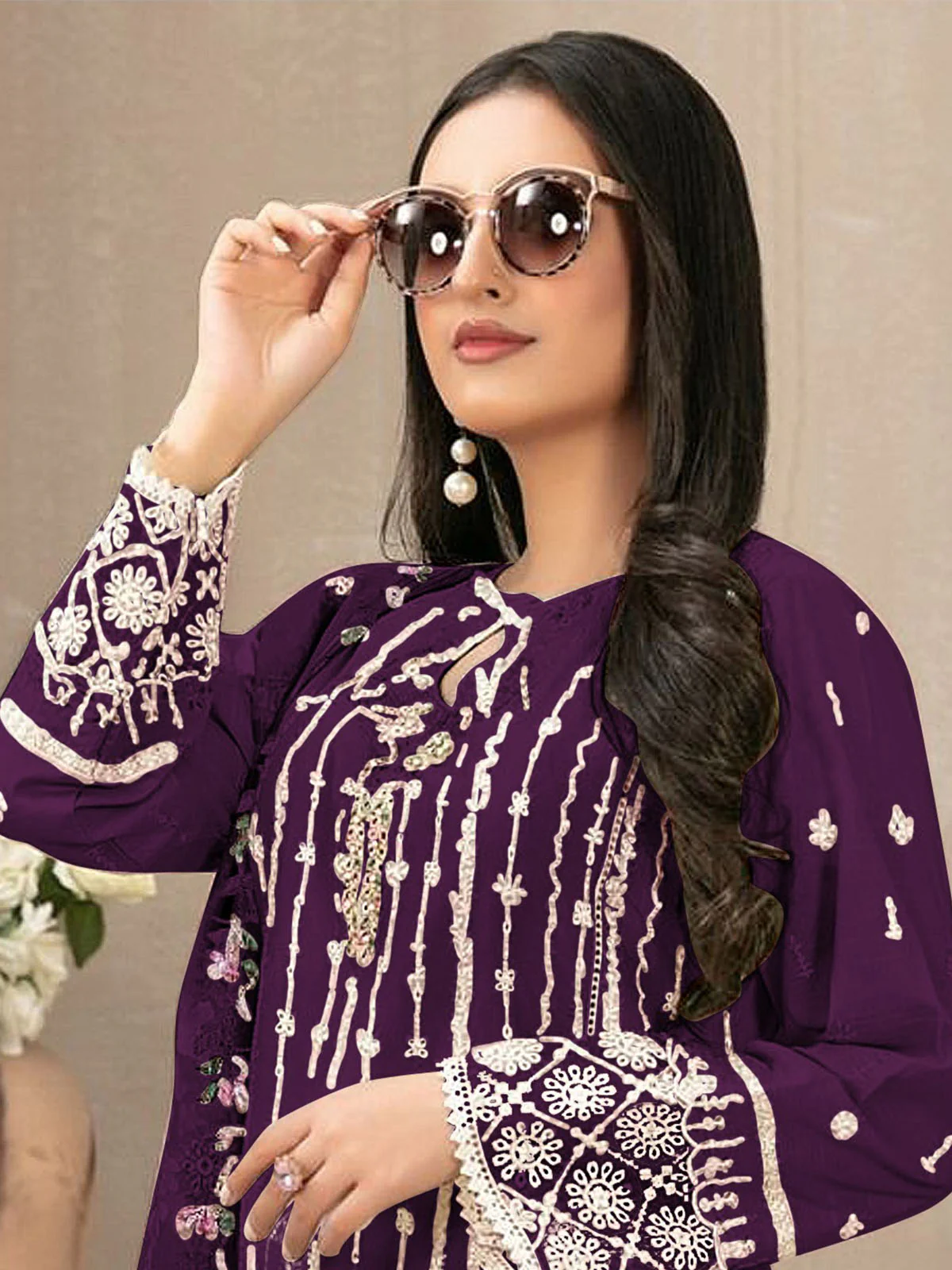 Odette Purple Georgette Embroidered Semi Stitched Kurta Set For Women - Image 2