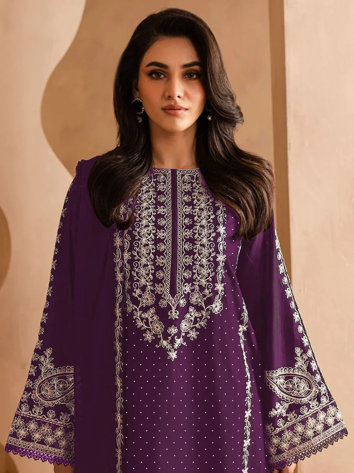Odette Purple Georgette Embroidered Semi-Stitched Kurta Set For Women - Image 2