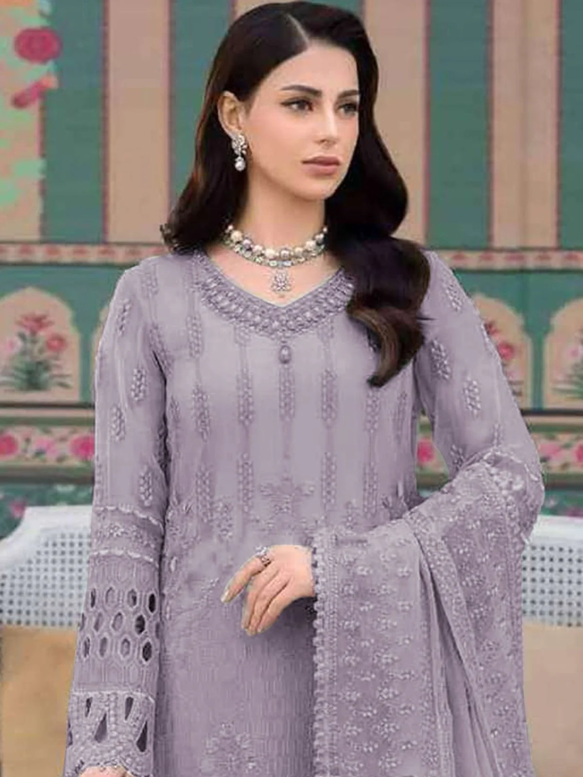 Odette Purple Georgette Embroidered Semi-Stitched Kurta Set For Women - Image 2