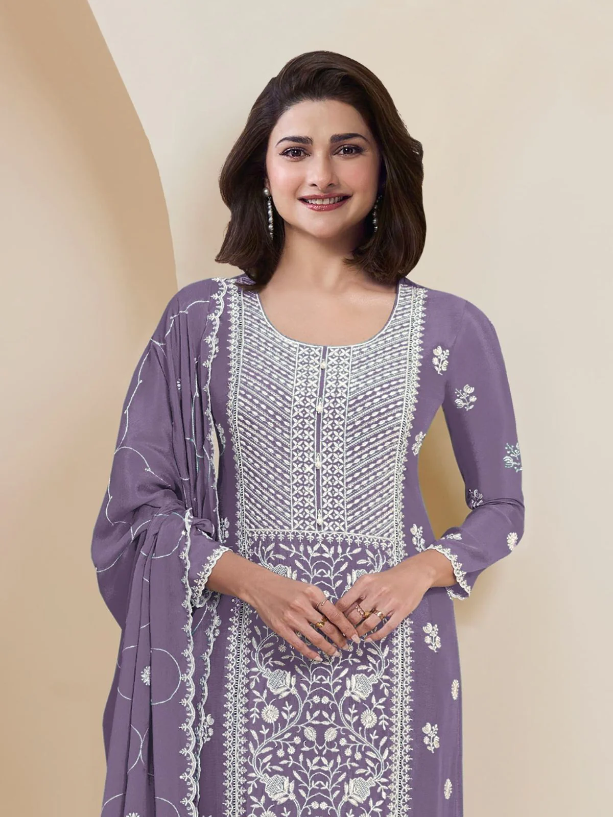 Odette Purple Georgette Embroidered Semi-Stitched Kurta Set For Women - Image 2
