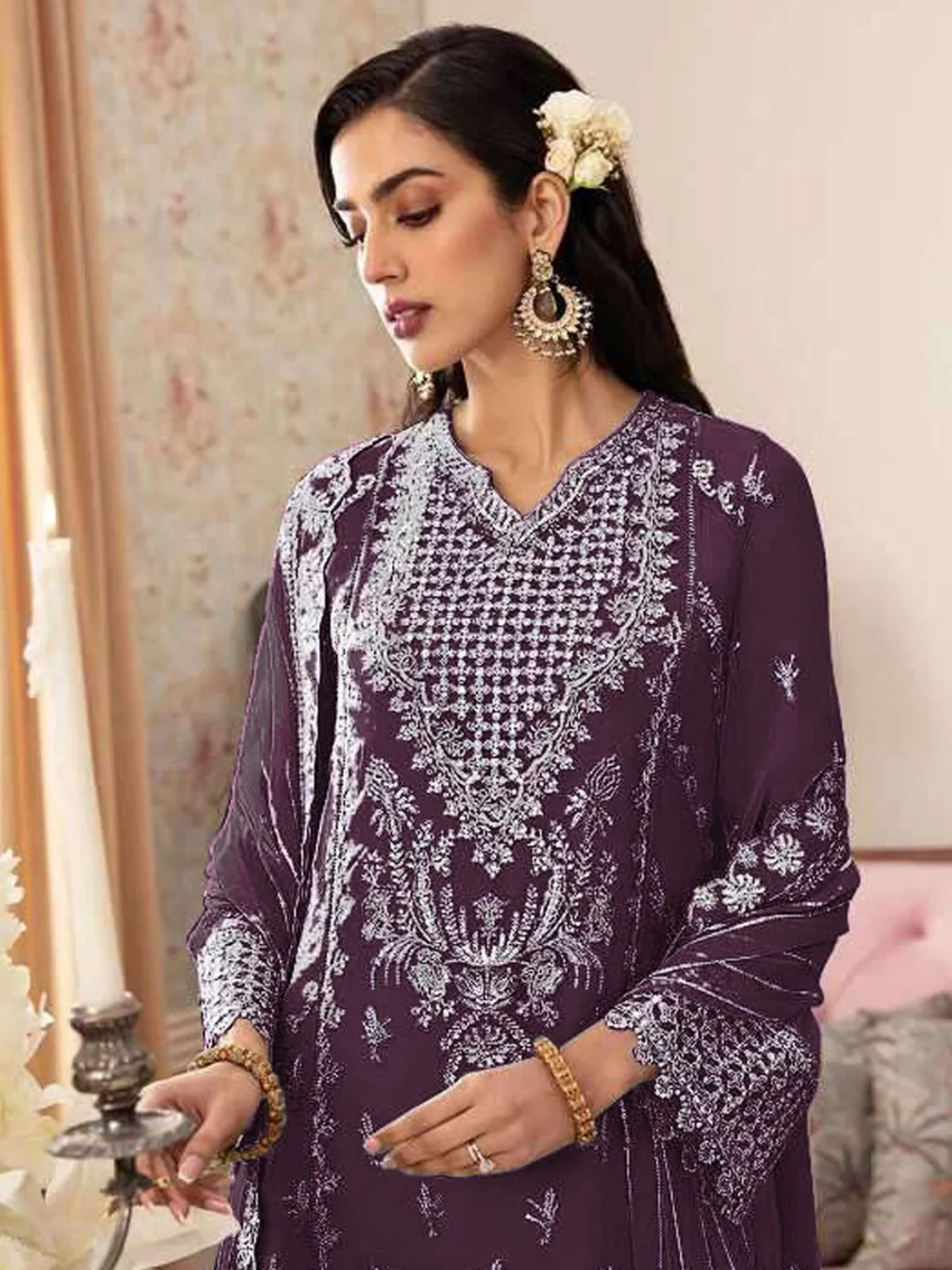 Odette Purple Georgette Embroidered Semi-Stitched Kurta Set For Women - Image 2