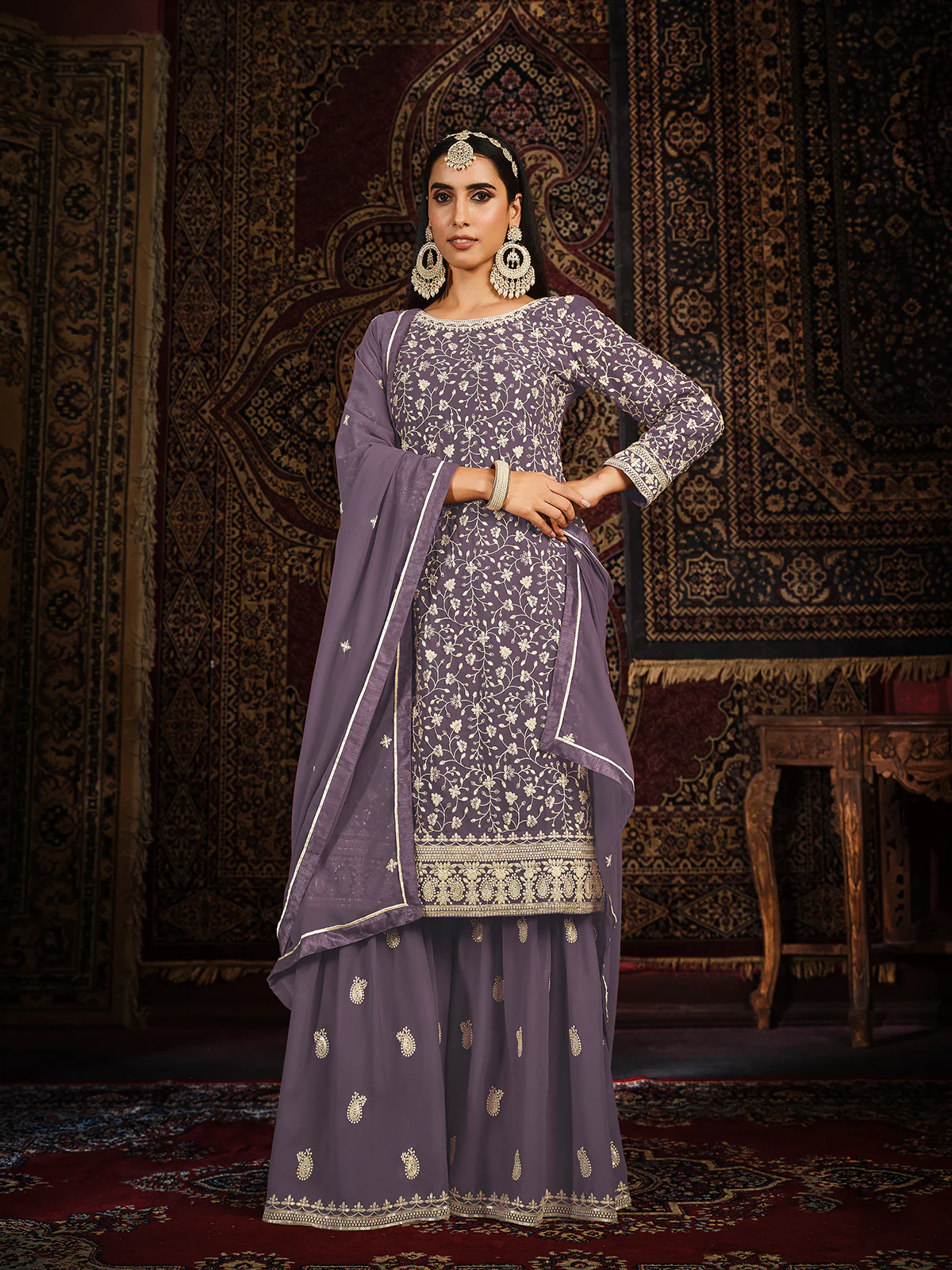 Odette Purple Georgette Embroidered Semi stitched Kurta Set with Inner For Women - Image 2