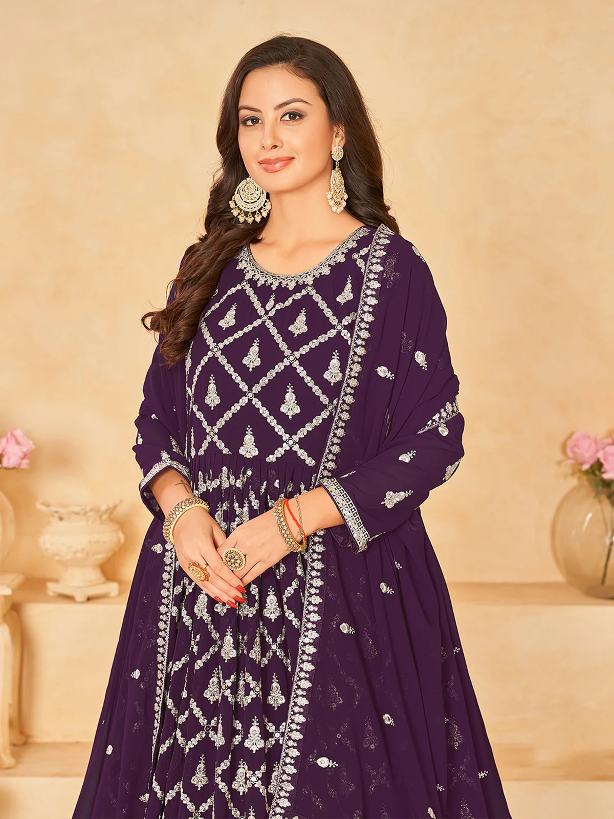 Odette Purple Georgette Embroidered Semi stitched Kurta Set with Inner For Women - Image 3