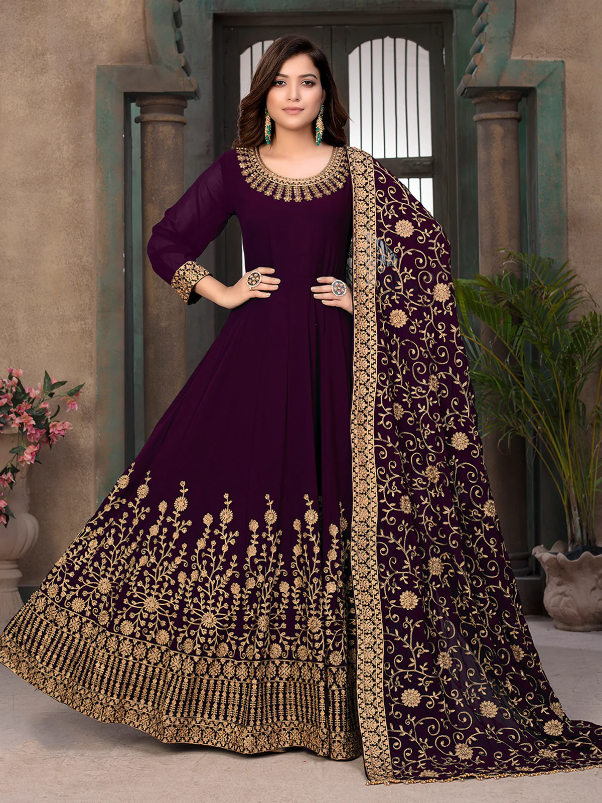 Odette Purple Georgette Embroidered Semi stitched Kurta Set with Inner For Women - Image 2