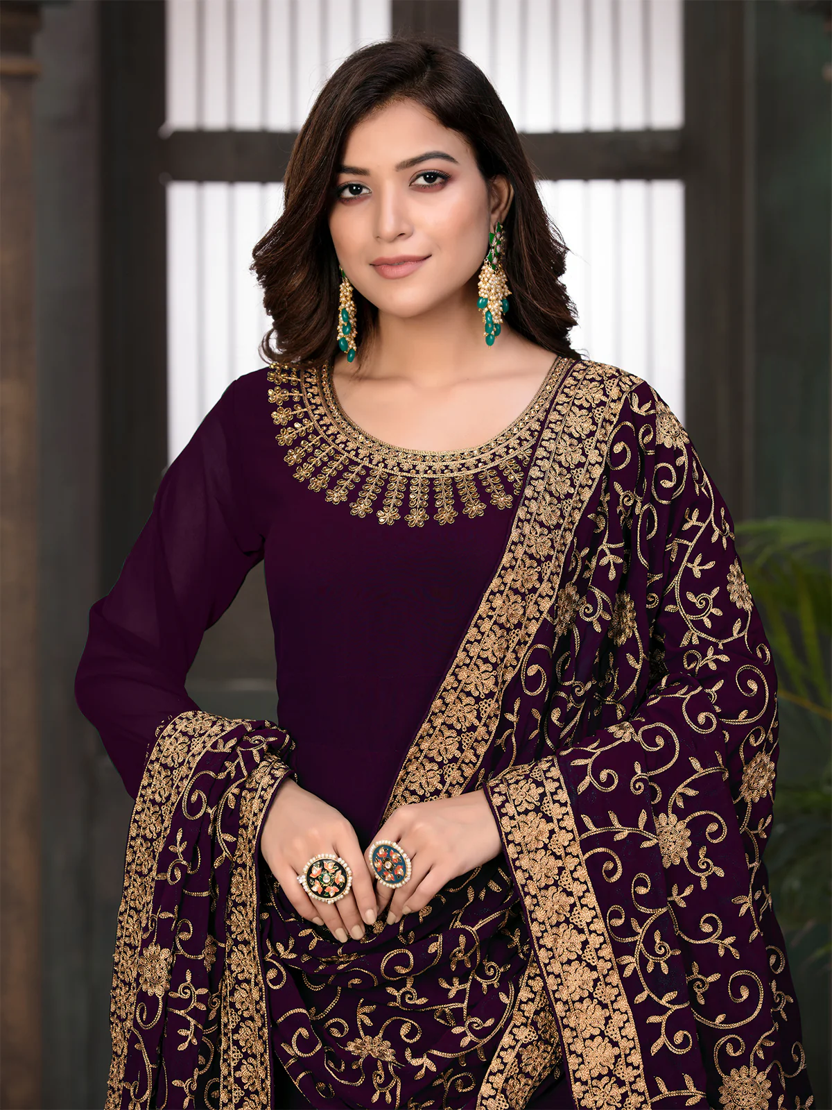 Odette Purple Georgette Embroidered Semi stitched Kurta Set with Inner For Women - Image 3