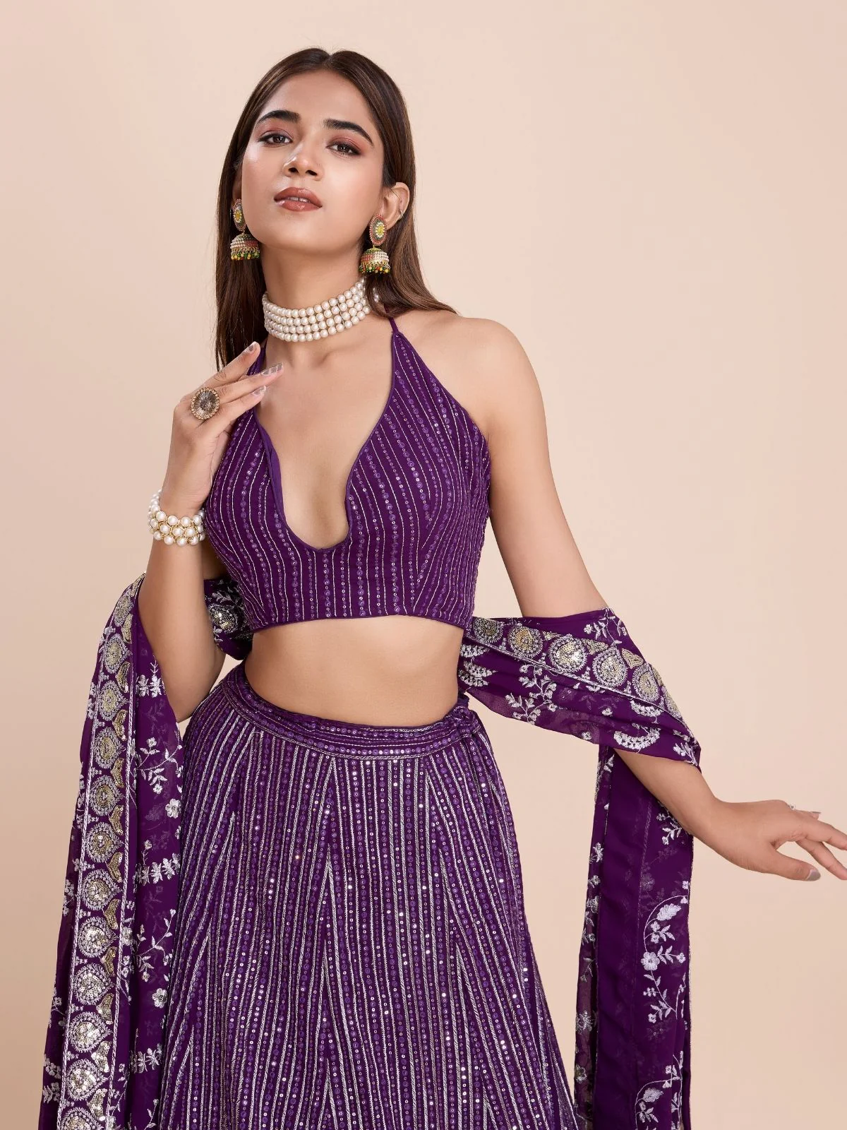 Odette Purple Georgette Embroidered Semi-Stitched Lehenga For Women - Image 3