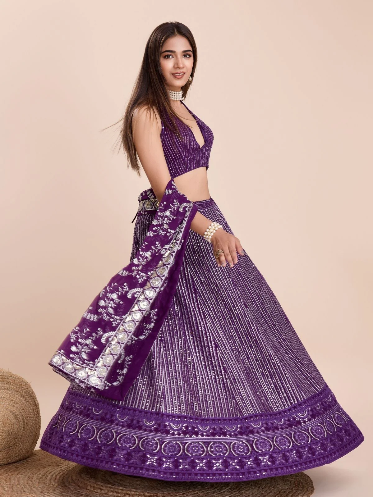 Odette Purple Georgette Embroidered Semi-Stitched Lehenga For Women - Image 5