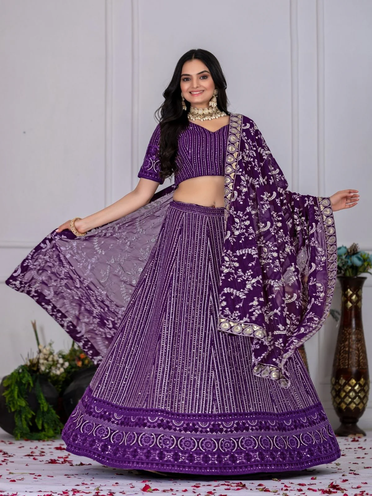 Odette Purple Georgette Embroidered Semi-Stitched lehenga For Women