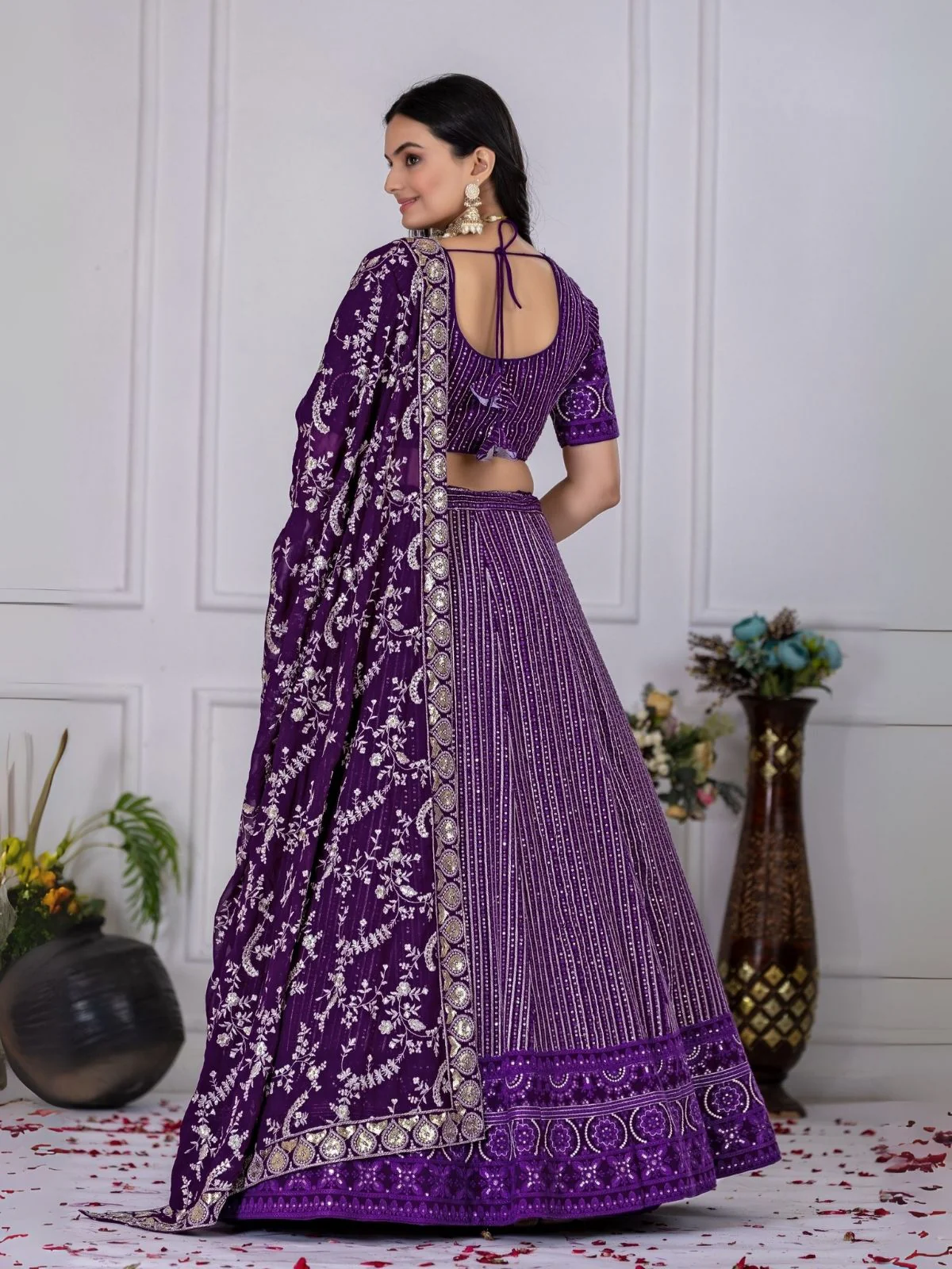 Odette Purple Georgette Embroidered Semi-Stitched lehenga For Women - Image 3