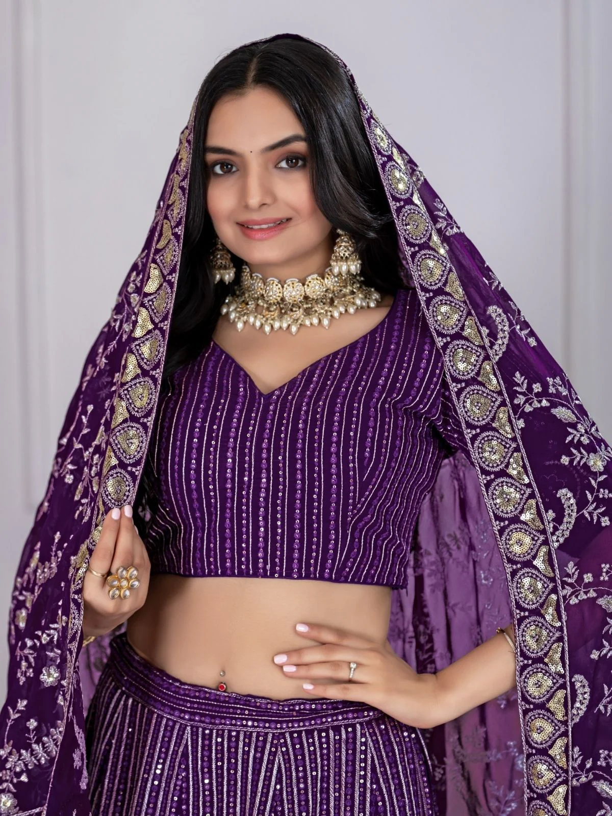 Odette Purple Georgette Embroidered Semi-Stitched lehenga For Women - Image 5