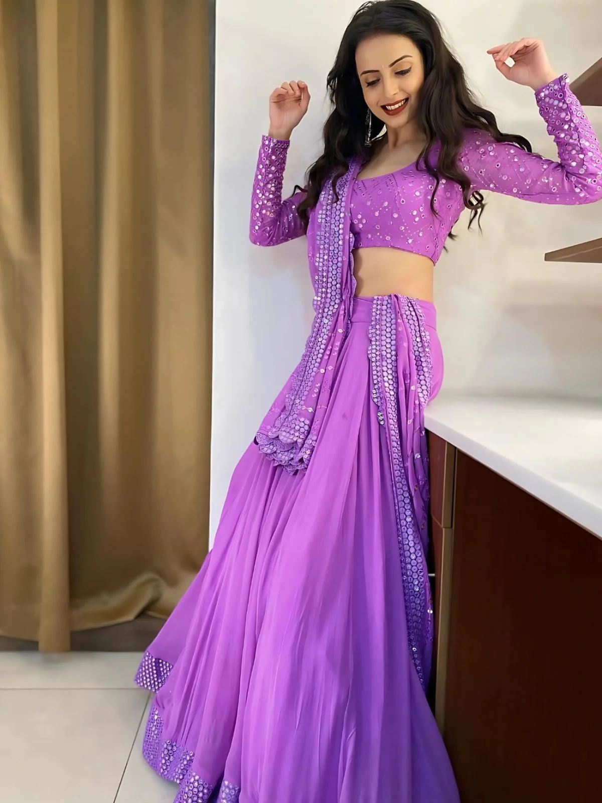 Odette Purple Georgette Embroidered Semi-Stitched lehenga For Women - Image 2