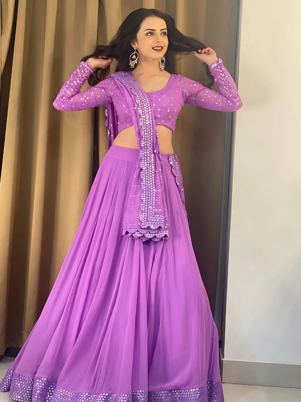 Odette Purple Georgette Embroidered Semi-Stitched lehenga For Women - Image 3