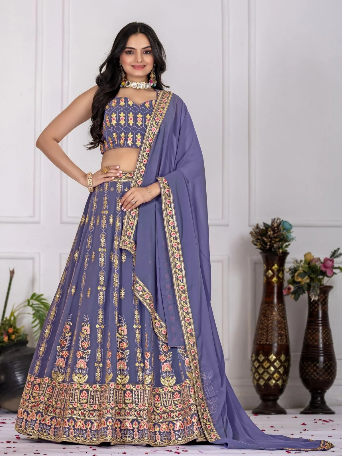 Odette Purple Georgette Embroidered Semi-Stitched lehenga For Women