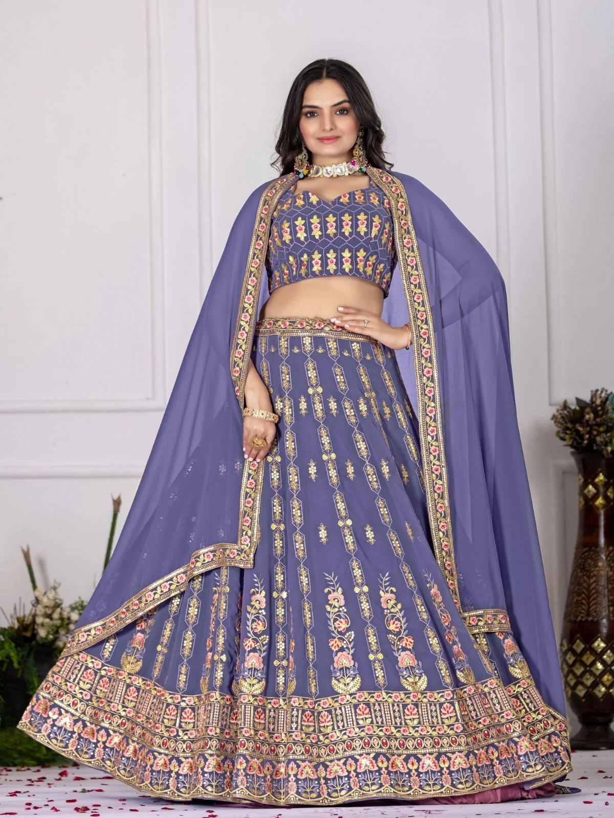 Odette Purple Georgette Embroidered Semi-Stitched lehenga For Women - Image 2