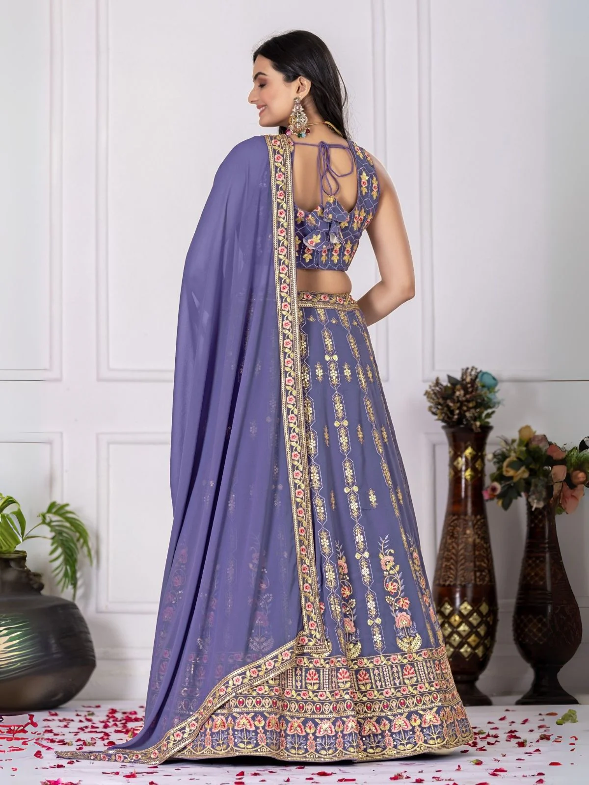 Odette Purple Georgette Embroidered Semi-Stitched lehenga For Women - Image 3