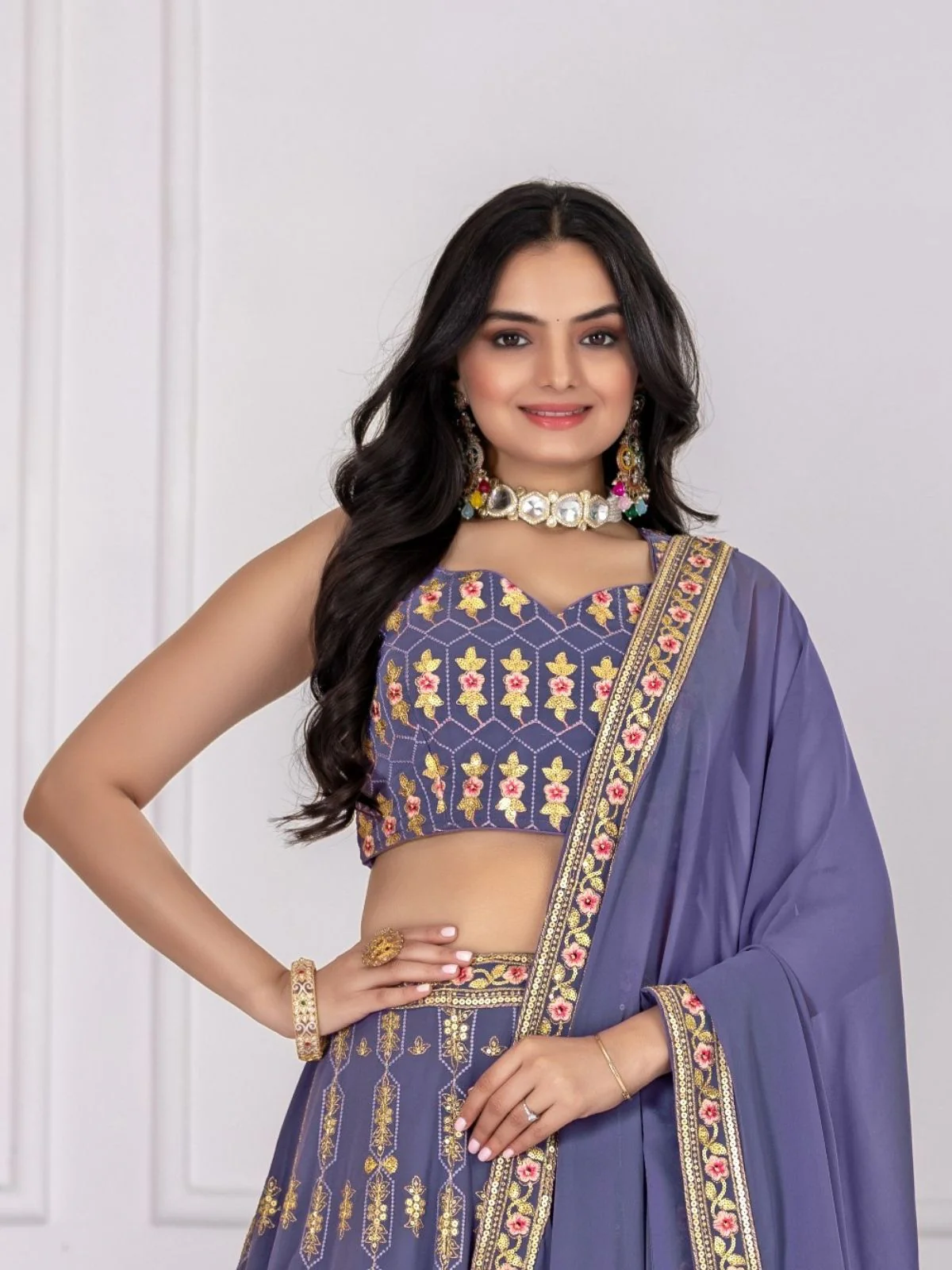 Odette Purple Georgette Embroidered Semi-Stitched lehenga For Women - Image 5