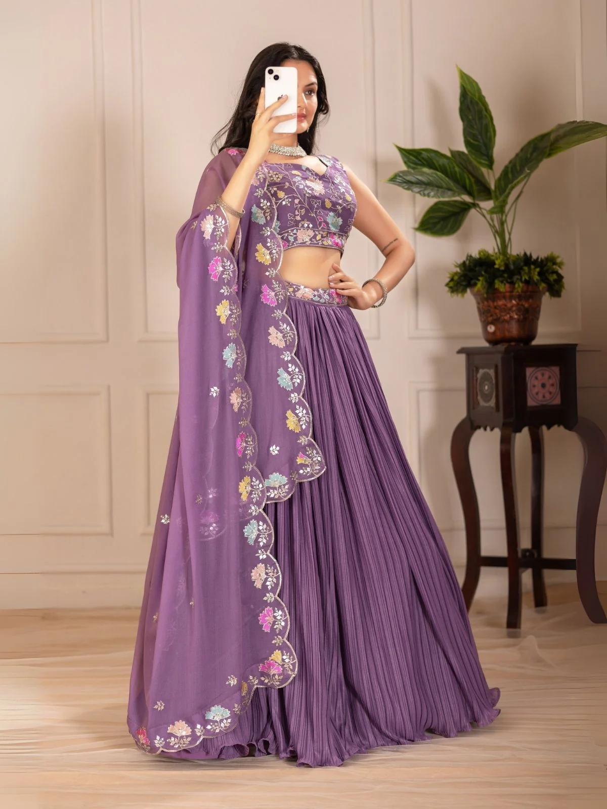 Odette Purple Georgette Embroidered Semi-Stitched lehenga For Women