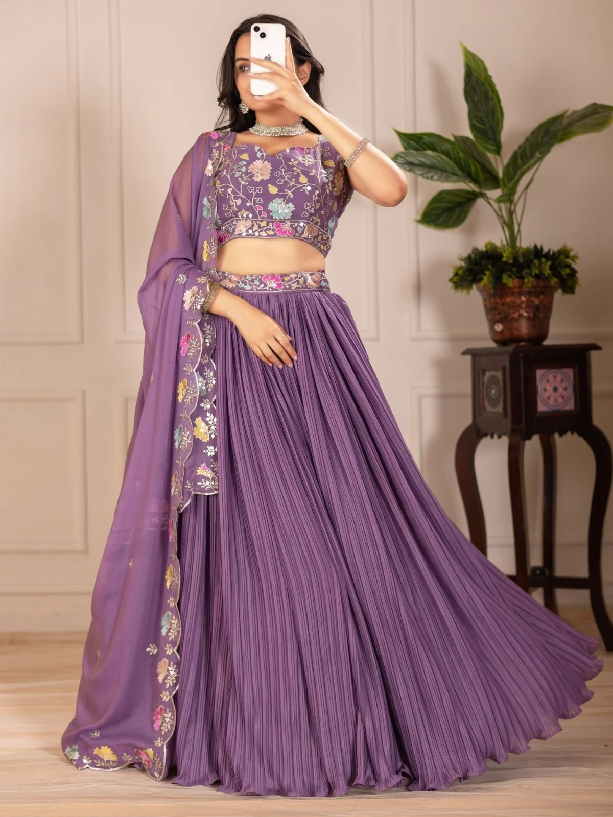 Odette Purple Georgette Embroidered Semi-Stitched lehenga For Women - Image 4