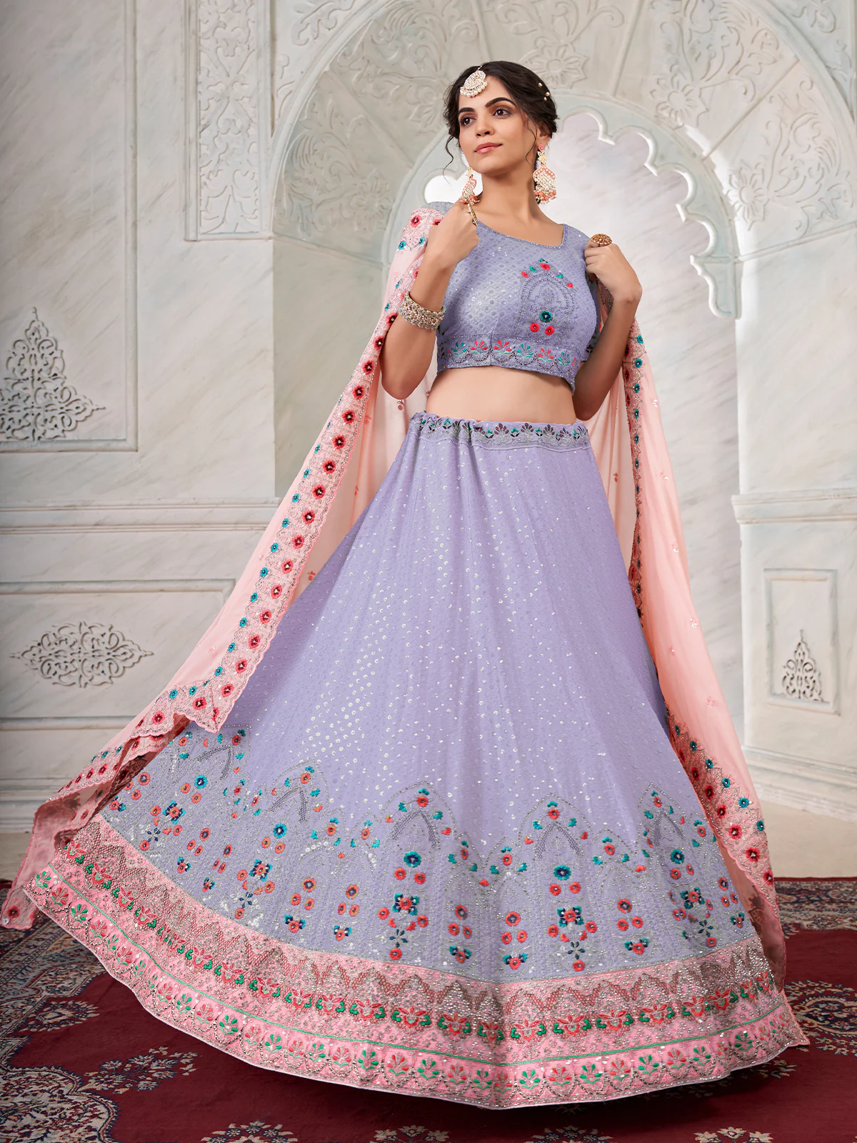 Odette Purple Georgette Embroidered Semi Stitched Lehenga With Unstitched Blouse for Women - Image 3