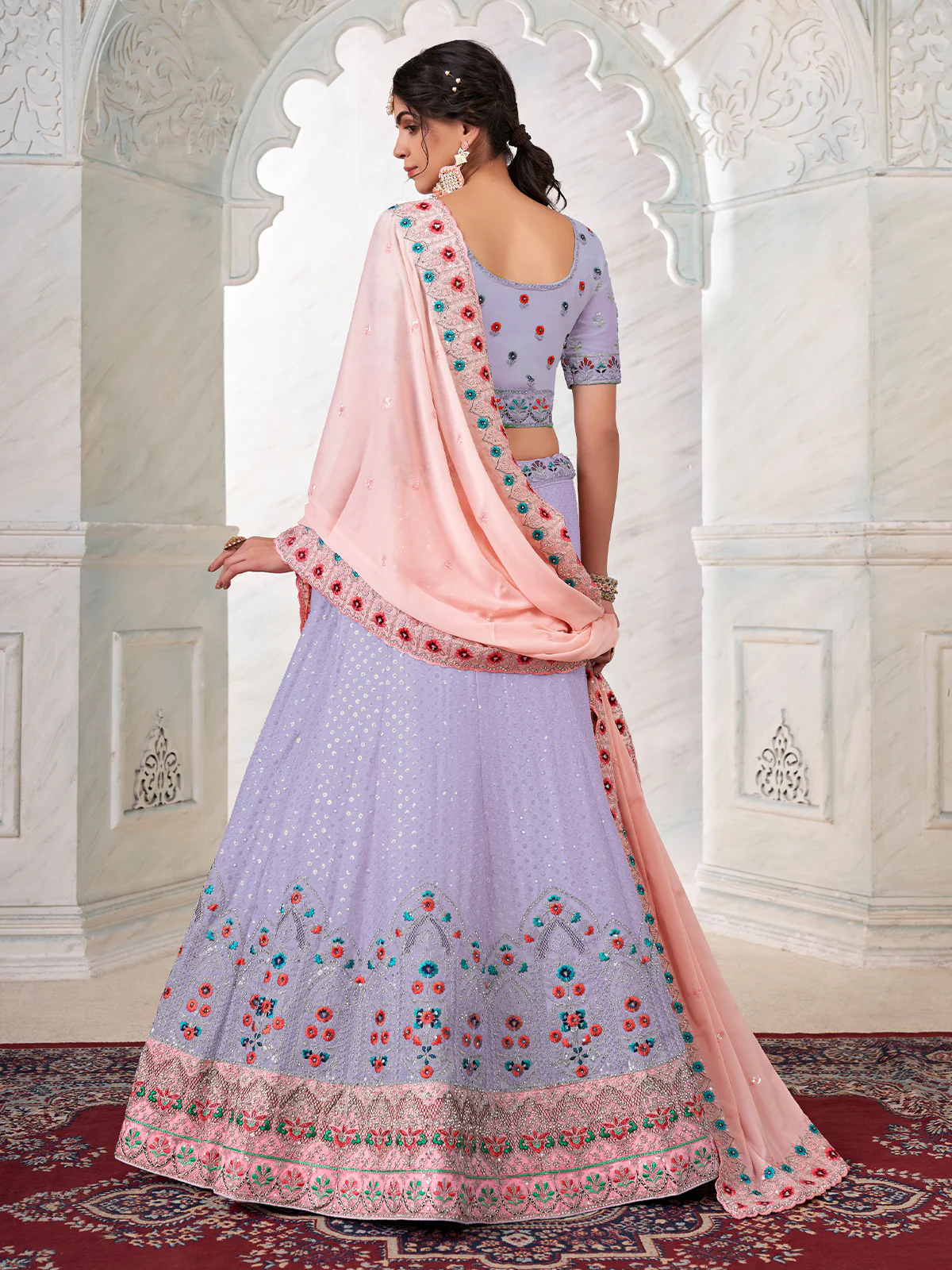 Odette Purple Georgette Embroidered Semi Stitched Lehenga With Unstitched Blouse for Women - Image 4